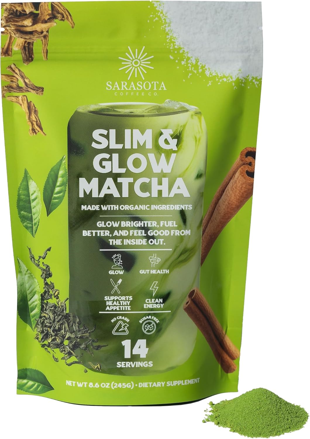 Slim & Glow Matcha Latte Powder – Collagen Peptides, Organic Matcha, Inulin Prebiotic Fiber, Green Tea Extract, Biotin – Gut Health, Craving Control – 14 Servings