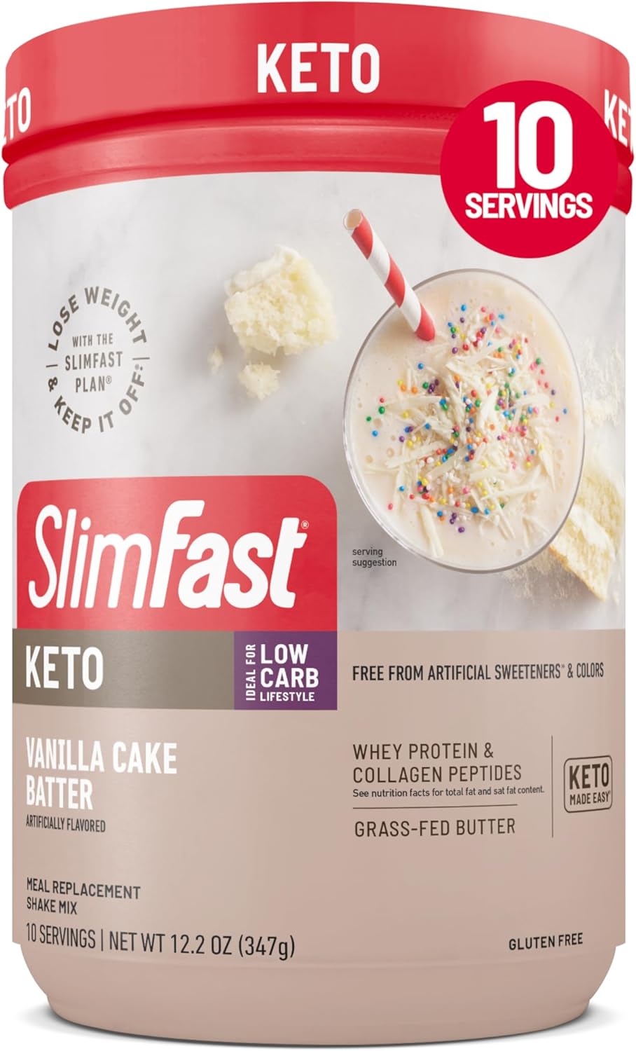 SlimFast Keto Meal Replacement Powder, Keto Meal Replacement Shake, Low Carb, Whey Protein, Collagen Protein, Grass Fed Butter, Weight Loss Shakes Powder, Gluten Free, Vanilla Cake Batter, 10 Servings