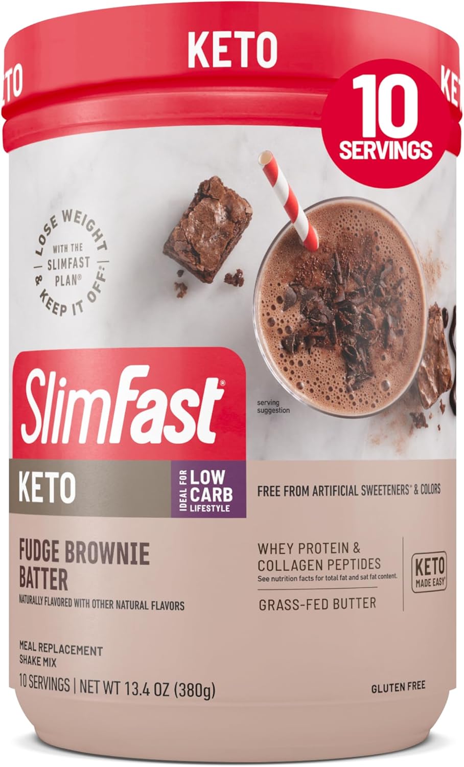 SlimFast Keto Meal Replacement Shake, Fudge Brownie Batter, Low Carb Keto Protein Powder with Collagen & Whey, No Sugar Added, Gluten Free, Weight Loss Support, 10-Serving Canister