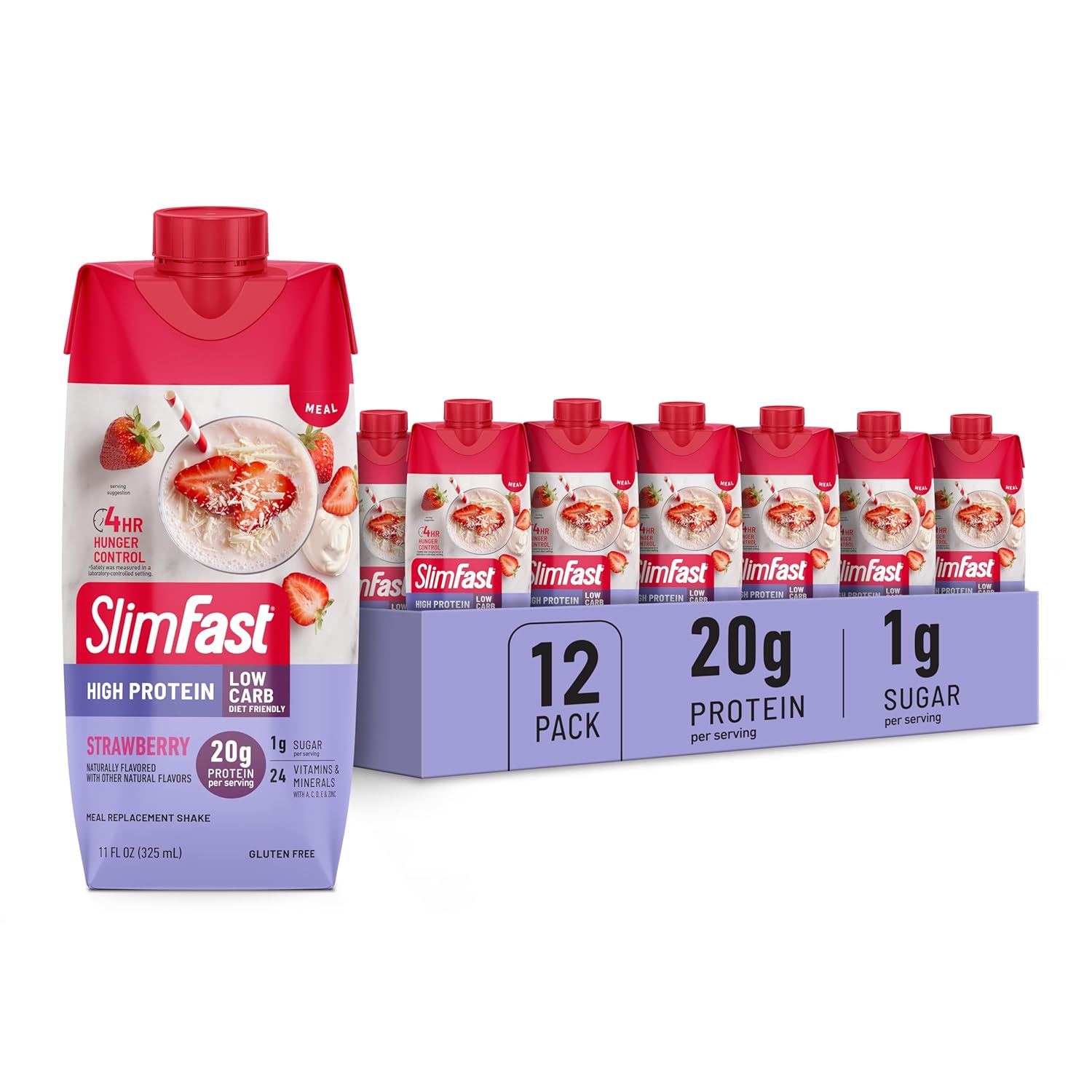 SlimFast Protein Shake, Strawberry- 20g Protein, Meal Replacement Shake Ready to Drink, High Protein with Low Carb and Low Sugar, 24 Vitamins and Minerals, 12 Count (Pack of 1) (Packaging May Vary)
