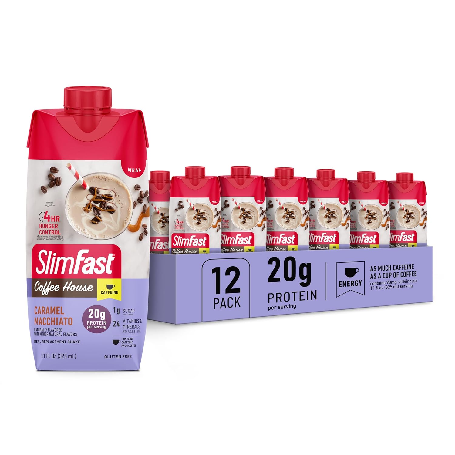 SlimFast Protein Shake with Caffeine, Caramel Macchiato- 20g Protein, Meal Replacement Shakes, High Protein with Low Carb and Low Sugar, 24 Vitamins and Minerals, 12 Count (Pack of 1)