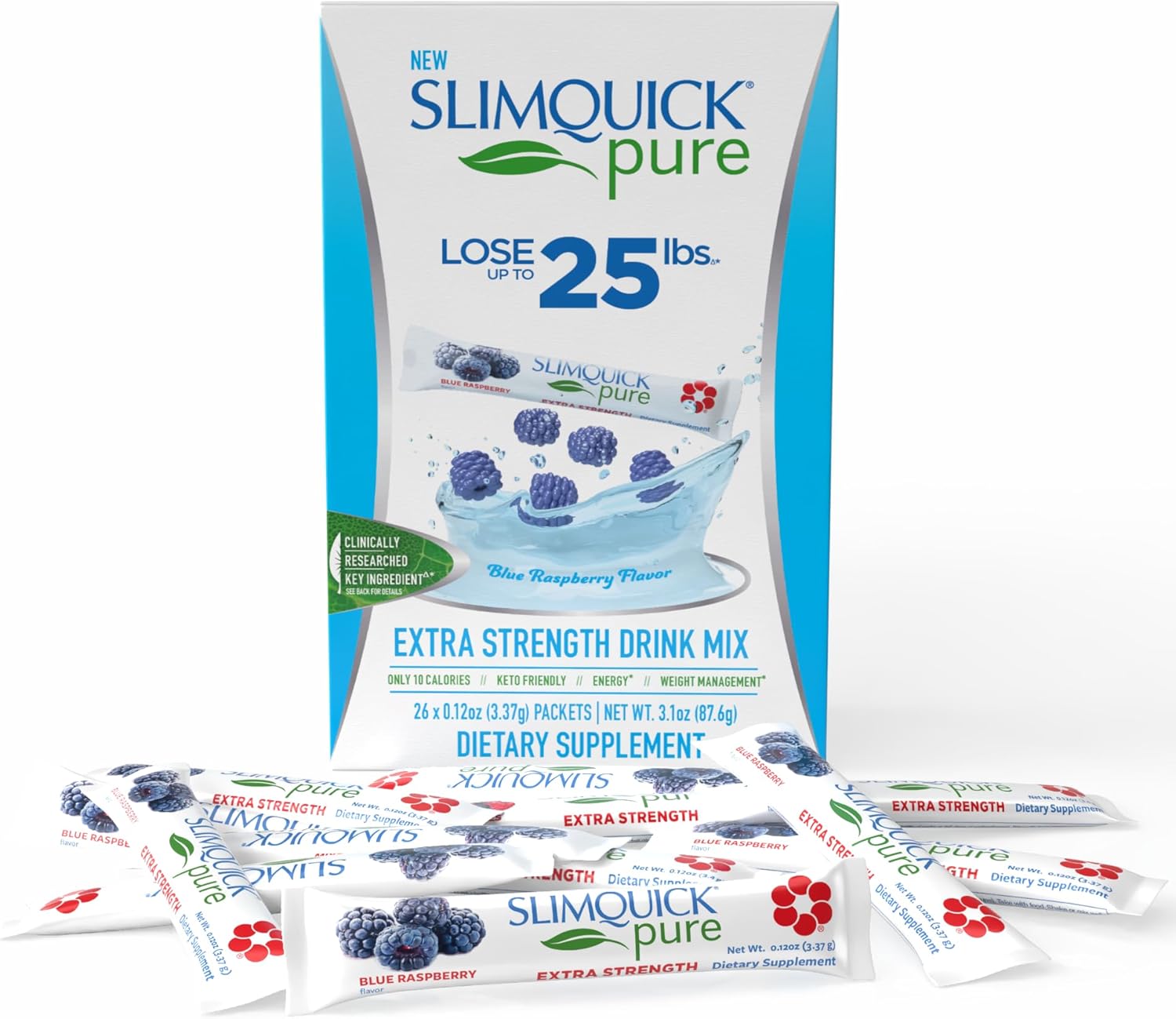 SlimQuick Pure 3X Extra Strength Drink Mix Packets, Metabolism and Weight Management for Women, Helps in Fat Breakdown, with Green Tea, Caffeine, Chaste Tree, Rhodiola – Blue Raspberry 26 Count