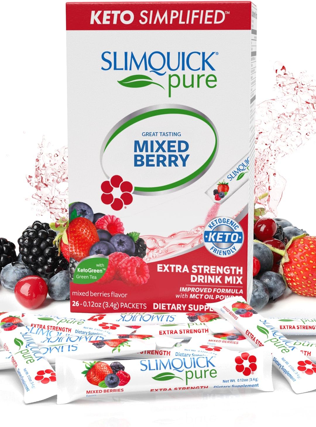 Slimquick Pure 3x Extra Strength Mixed Berry Drink Mix for Women to Help Achieve Weight Goals, Helps Metabolism, Keeps Full for Longer with Green Tea, Caffeine, Chaste Tree, Rhodiola Extract, 26 Count