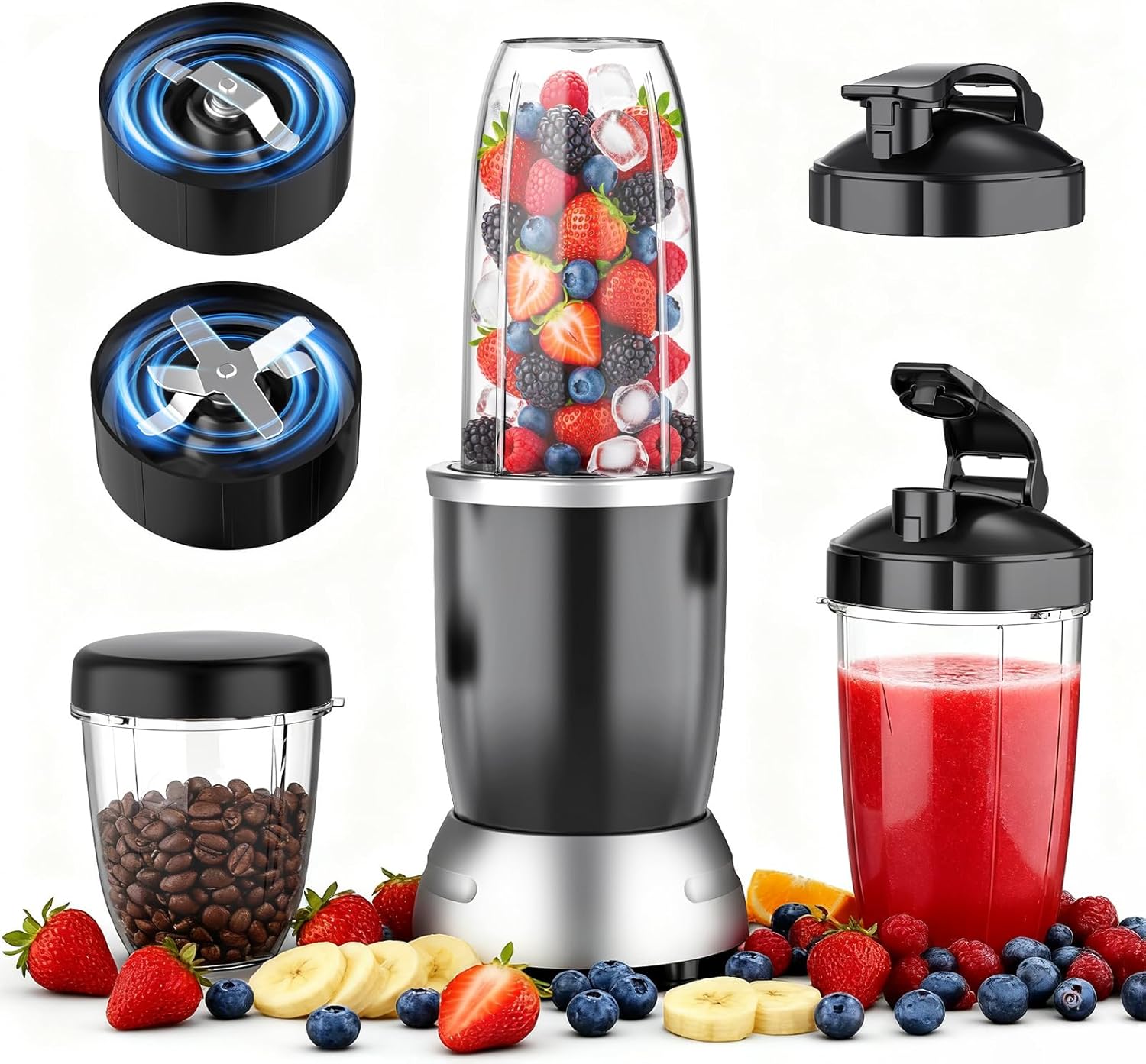 Smoothie Blender, 25000 RPM Portable Blender for Smoothies, Countertop Blenders for Kitchen with 37oz, 32oz, 23oz Personal Blenders Cups, 2 Spout Lids &1 Resealable Lid for Crushing, Juice, Nuts