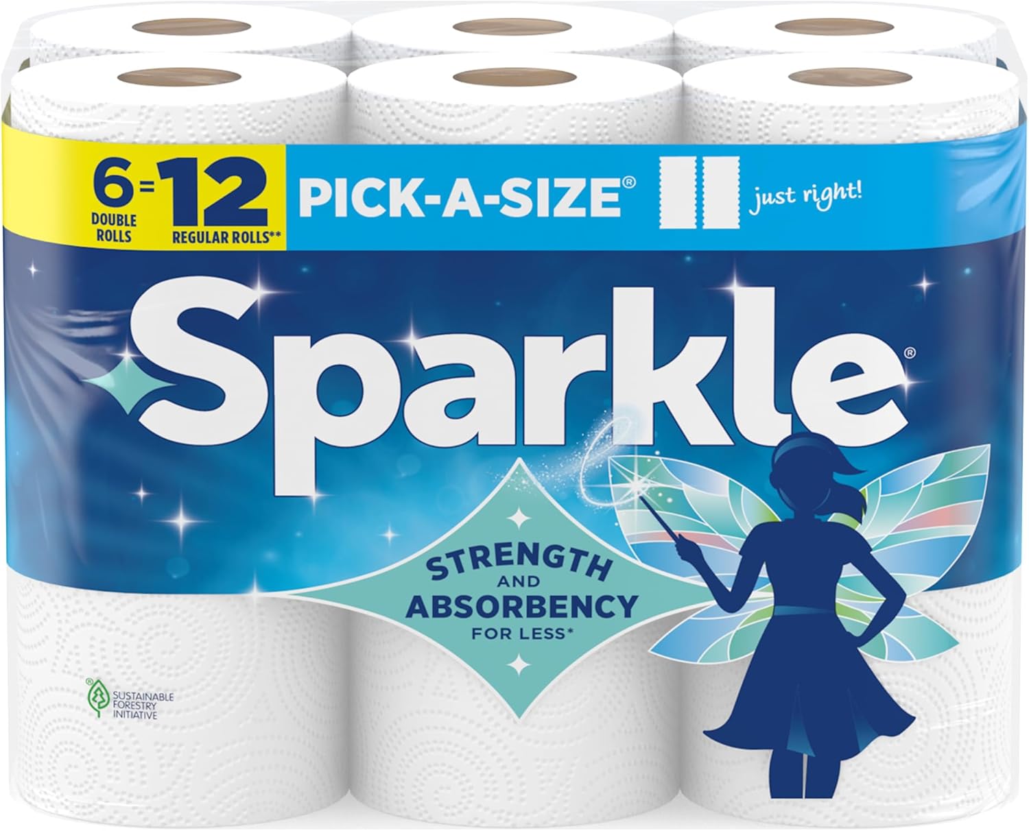 Sparkle Pick-A-Size Paper Towels, 6 Double Rolls (660 Sheets Total) – Strong 2-Ply Towels for Kitchen Cleanup and Everyday Messes