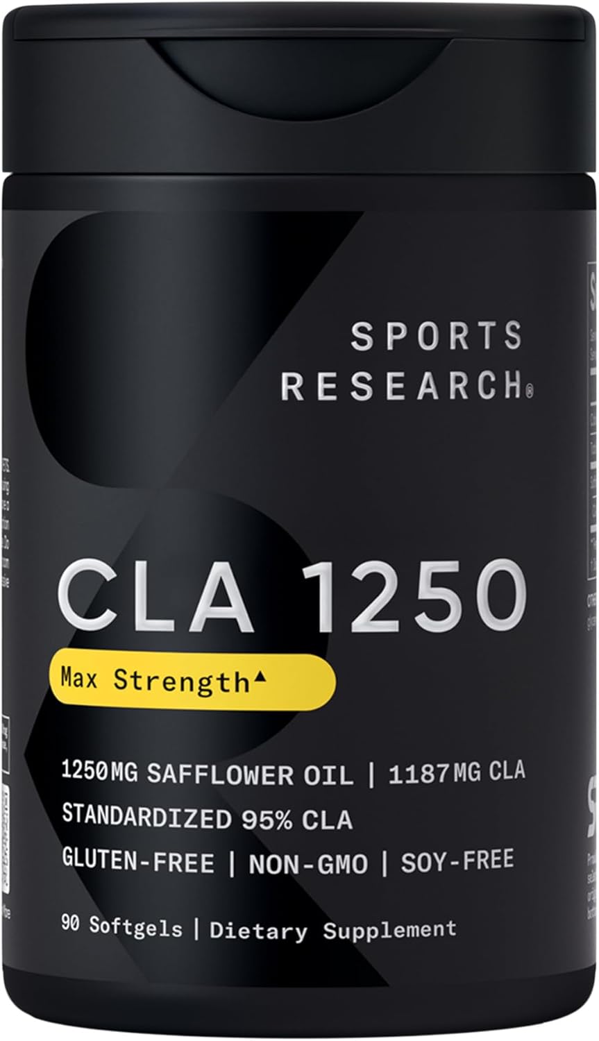 Sports Research CLA – 1250mg with Active Conjugated Linoleic Acid for Men and Women | Non-GMO, Soy & Gluten Free – 95% (90 Softgels)