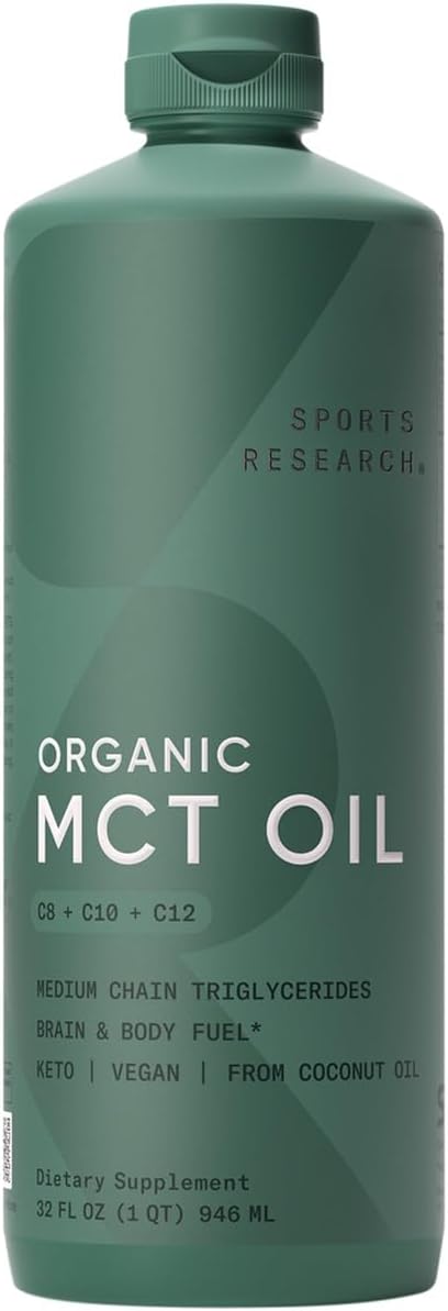 Sports Research Organic MCT Oil – Keto & Vegan MCTs C8, C10, C12 from Coconuts – Fatty Acid Brain & Body Fuel, Non-GMO & Gluten Free – Flavorless Oil, Perfect in Coffee, Tea & Protein Shakes – 32 oz