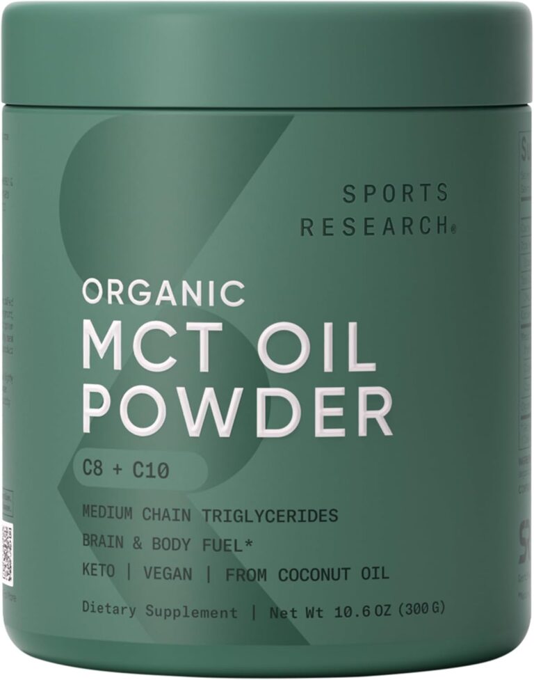 Sports Research Organic MCT Oil Powder - Keto & Vegan MCTs C8, C10 from Coconuts - Fatty Acid Brain & Body Fuel*, Non-GMO & Gluten Free - Unflavored, Perfect in Coffee, Tea & Protein Shakes - 10.6 oz