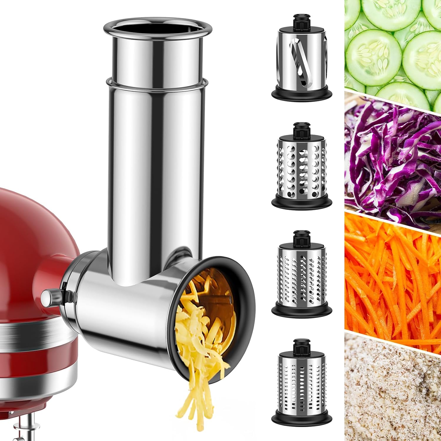 Stainless Steel Cheese Grater for Kitchenaid Mixer, For Kitchenaid Cheese Grater Attachment, Salad Maker, Grinding Powder, Dishwasher Safe with 4 Blades