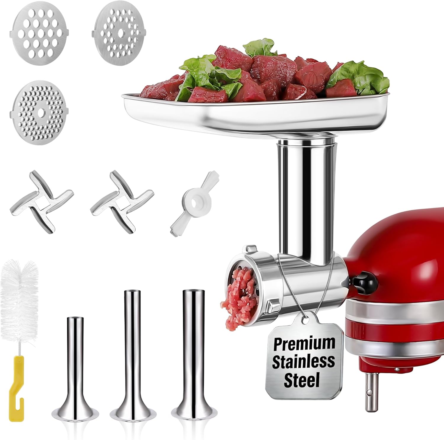 Stainless Steel Food Grinder Attachment for KitchenAid Mixers, Heavy-Duty Metal Meat Grinder with 3 Sausage Stuffers & Grinding Plates, Dishwasher Safe Accessories by Rafbar