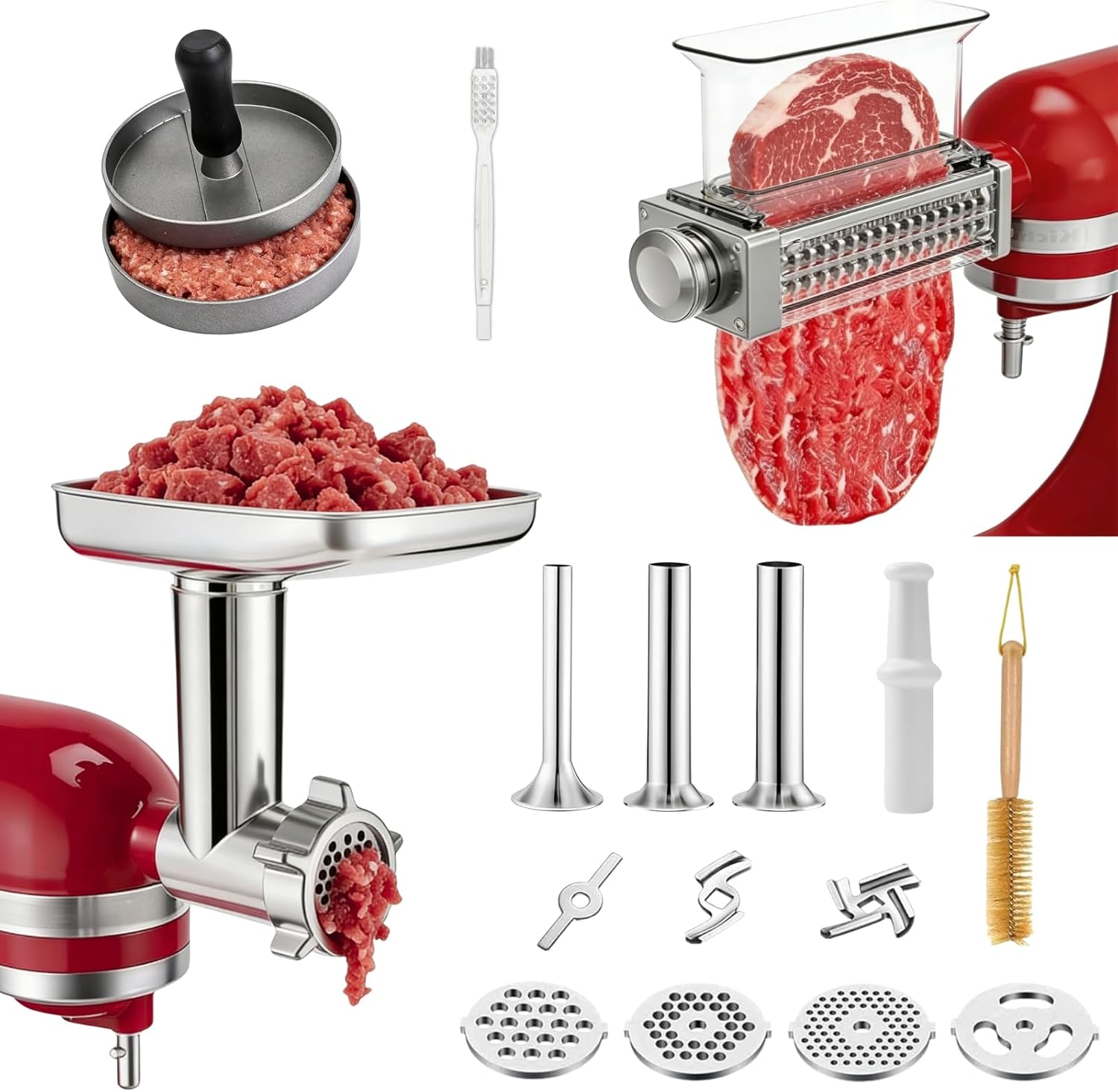 Stainless Steel Meat Grinder & Meat Tenderizer Attachments Compatible with KitchenAid Stand Mixer, 3 Adjustable Thickness – Includes 4 Grinding Plates, 3 Sausage Stuffer Tubes & Burger Press