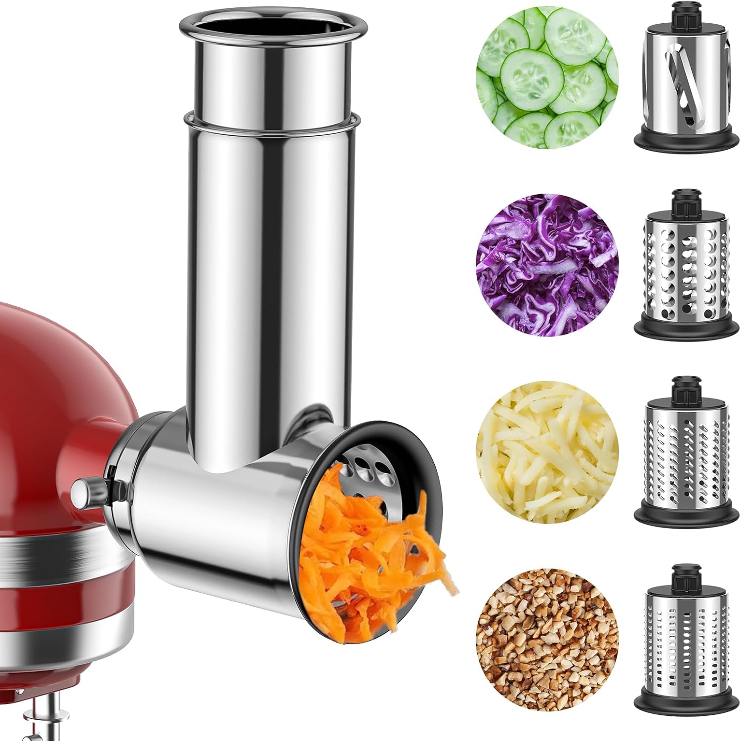 Stainless Steel Slicer Shredder Attachment for Kitchenaid Stnad Mixer, Cheese Grater Attachment for KitchenAid – 4 Blades Salad Maker with Grinding Powder Function by FGREEBLE