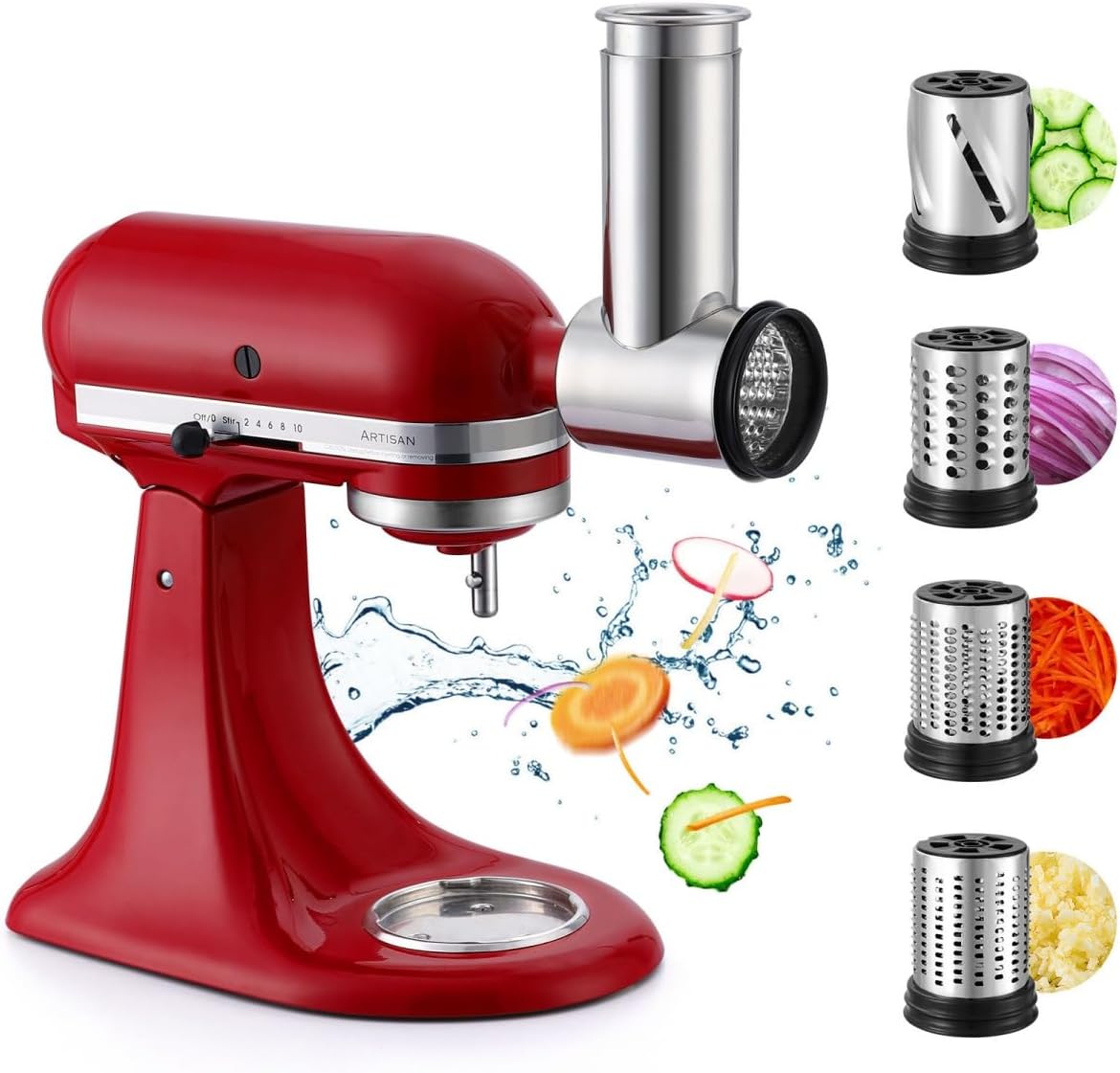 Stainless Steel Slicer Shredder & Cheese Grater Attachment for Kitchenaid Stand Mixer -Veggie Slicer Accessories for Kitchenaid, Salad Maker, Grinding Powder, Dishwasher Safe with 4 Blades