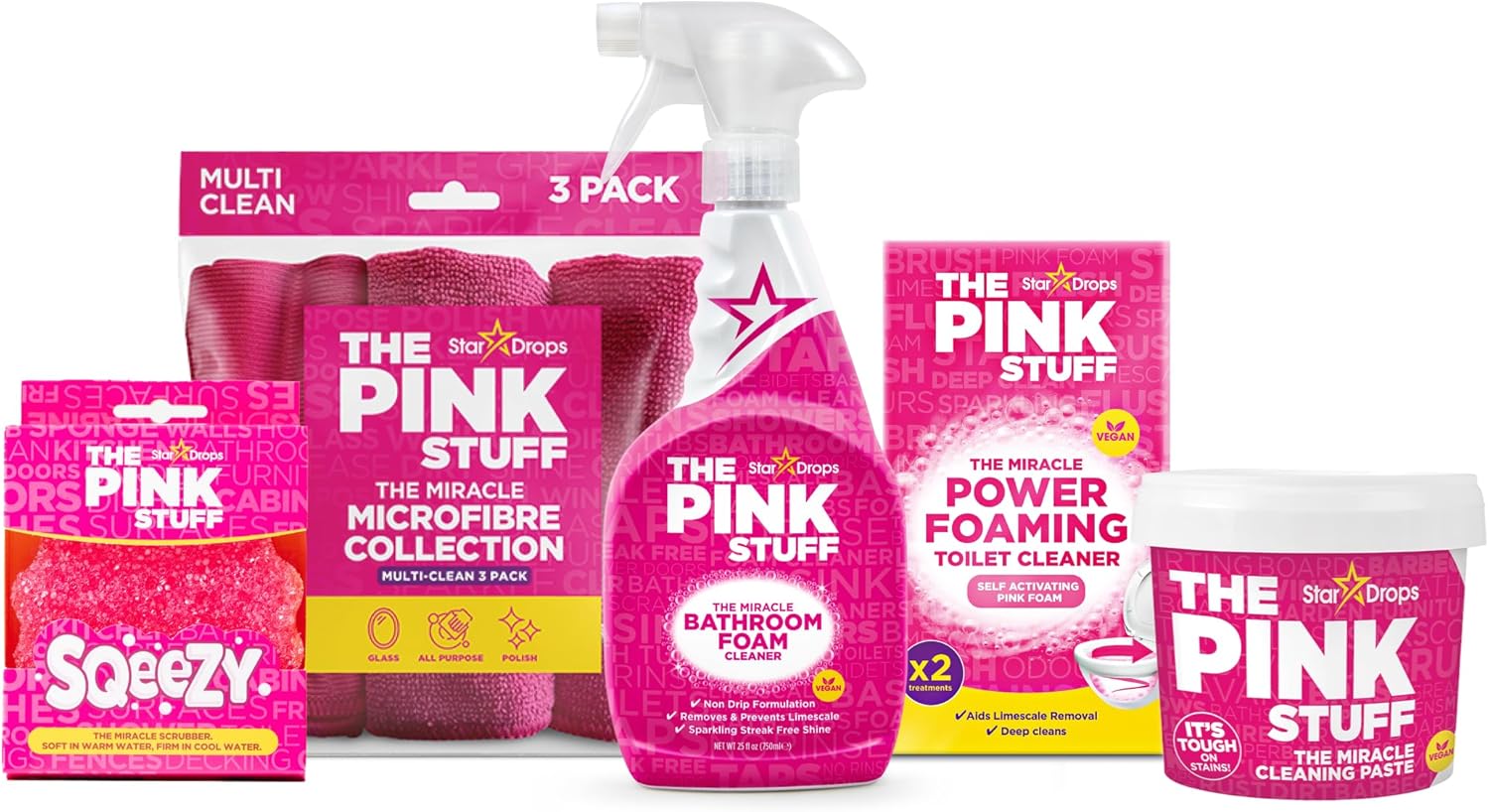 Stardrops – The Pink Stuff Bathroom Cleaning Kit – Cleaning Paste, Bathroom Foam Spray, Toilet Foaming Powder, SQeeZY Sponge & 3 Microfiber Cloths – Tough on Stains, Grease & Soap Scum