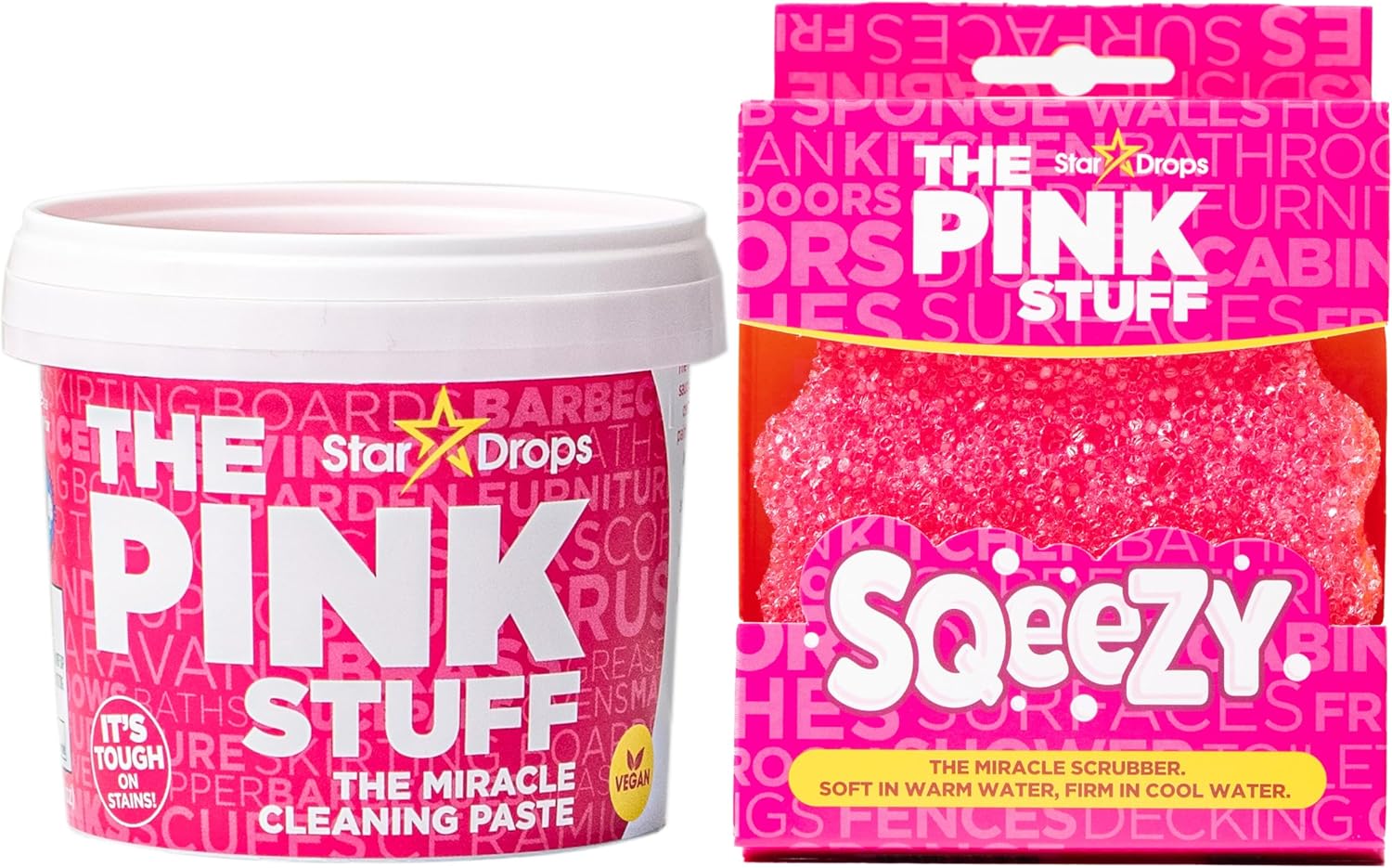 Stardrops – The Pink Stuff Miracle Cleaning Paste & SQeeZY Scrubber Sponge Bundle – All-Purpose, Non-Scratch Cleaner for Kitchens, Bathrooms, Walls, Floors, Pots, Grout, and More