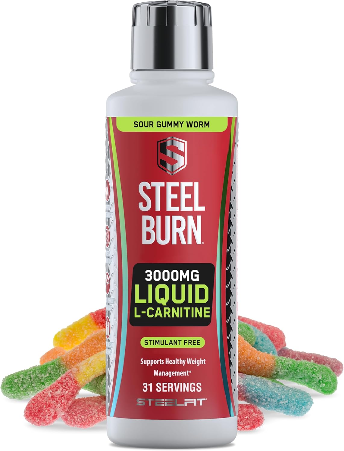 SteelFit Steel Burn, Premium Liquid L-Carnitine, 3000mg – Stimulant-Free & Clean Workout Drink for Men & Women Supports Healthy Weight Loss Management & Fat Metabolism – 31 Servings, Sour Gummy Worm