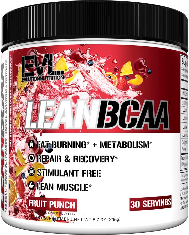 Stimulant Free Lean BCAA Powder – Evlution Nutrition BCAAs Amino Acids Powder with CLA Carnitine and 2:1:1 Branched Chain Amino Acids Supports Muscle Recovery Fat Burn and Metabolism – Fruit Punch