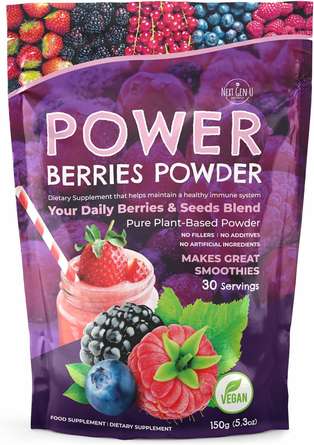 Super Berry Powder – 150g – Immune Support – Food Supplement – Superfood Berries – Smoothie Mix for Shakes – Healthy Boost for Detox Juice Beverages or Any Drink – by NextGenU