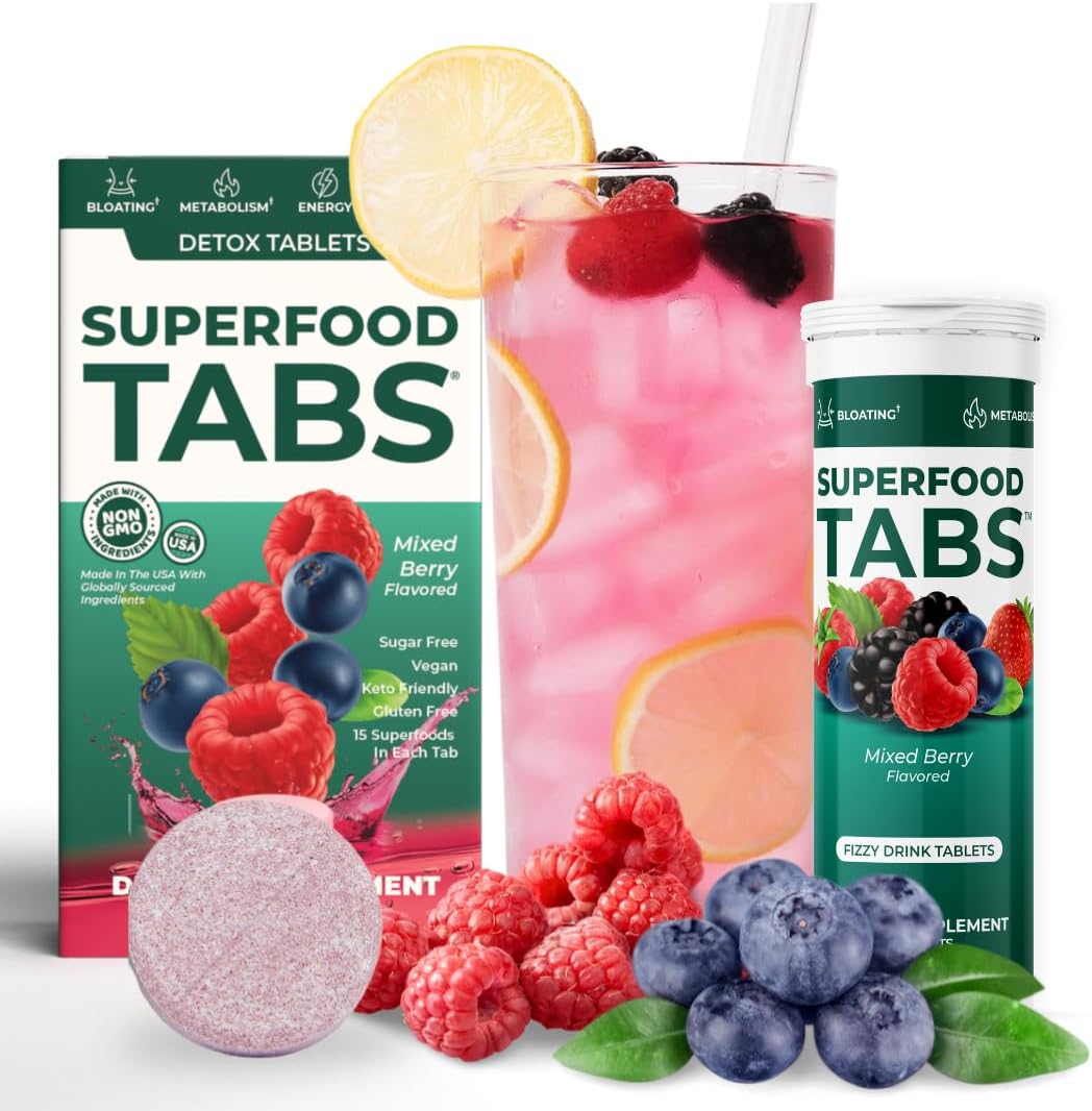 Superfood Tabs Detox Cleanse Drink – Fizzy Nutrition Supplement for Women and Men – Support Healthy Weight – Improve Digestive Health and Bloating Relief – Mixed Berry Flavor [10 Tablets]