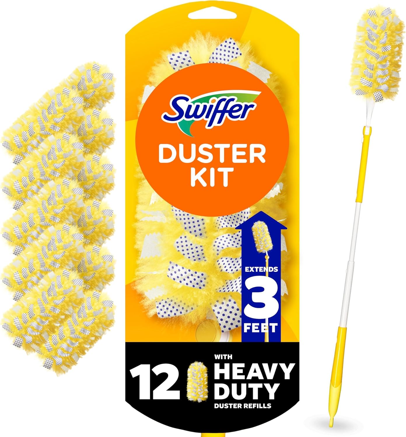 Swiffer Duster Kit with 3 ft Extendable Handle, Heavy Duty Dusting Starter Kit with 12 Refills, for Ceiling Fans, Vents and Hard to Reach Places