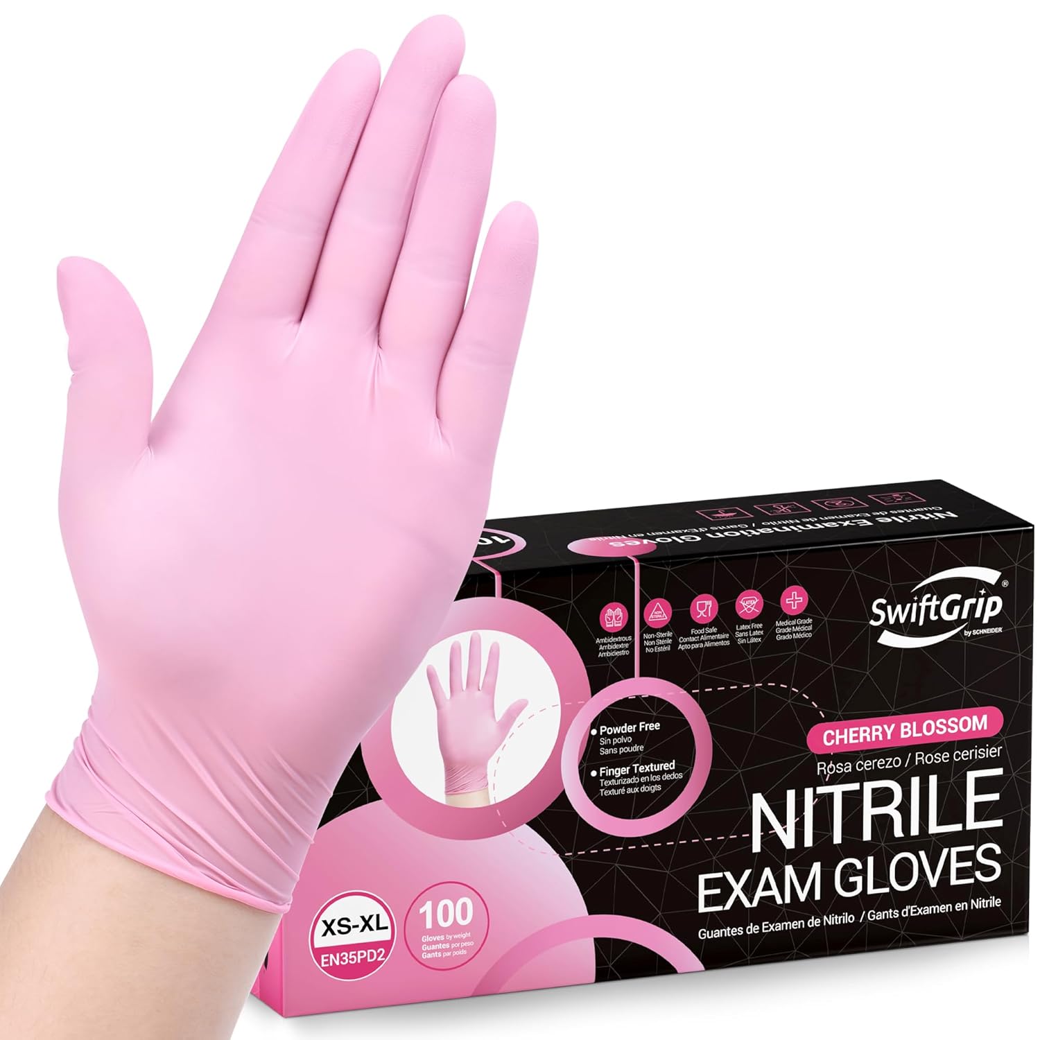 SwiftGrip Pink Nitrile Gloves, 3-mil, Industrial Gloves Disposable Latex Free, for Cleaning & Esthetician, Rubber Powder-Free, 100-ct Box (Small)