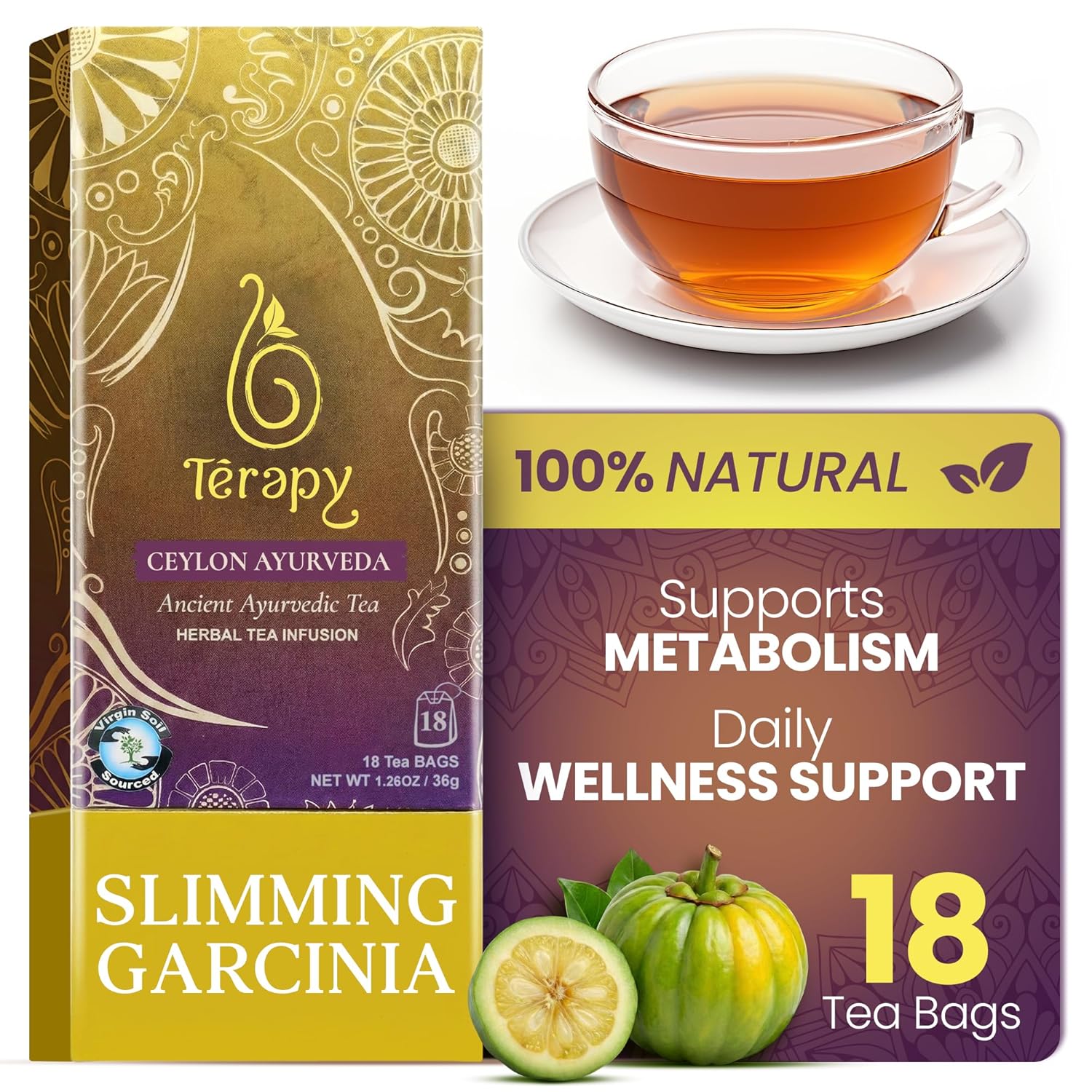 TERAPY Ceylon All Day Slimming Tea Organic Herbal Drink with Garcinia Cambogia, Fresh Mint Flavor – Supports Metabolism, Weight Management, Dietary Routine, Antioxidants, Vegan, Gluten-Free – 18 Bags