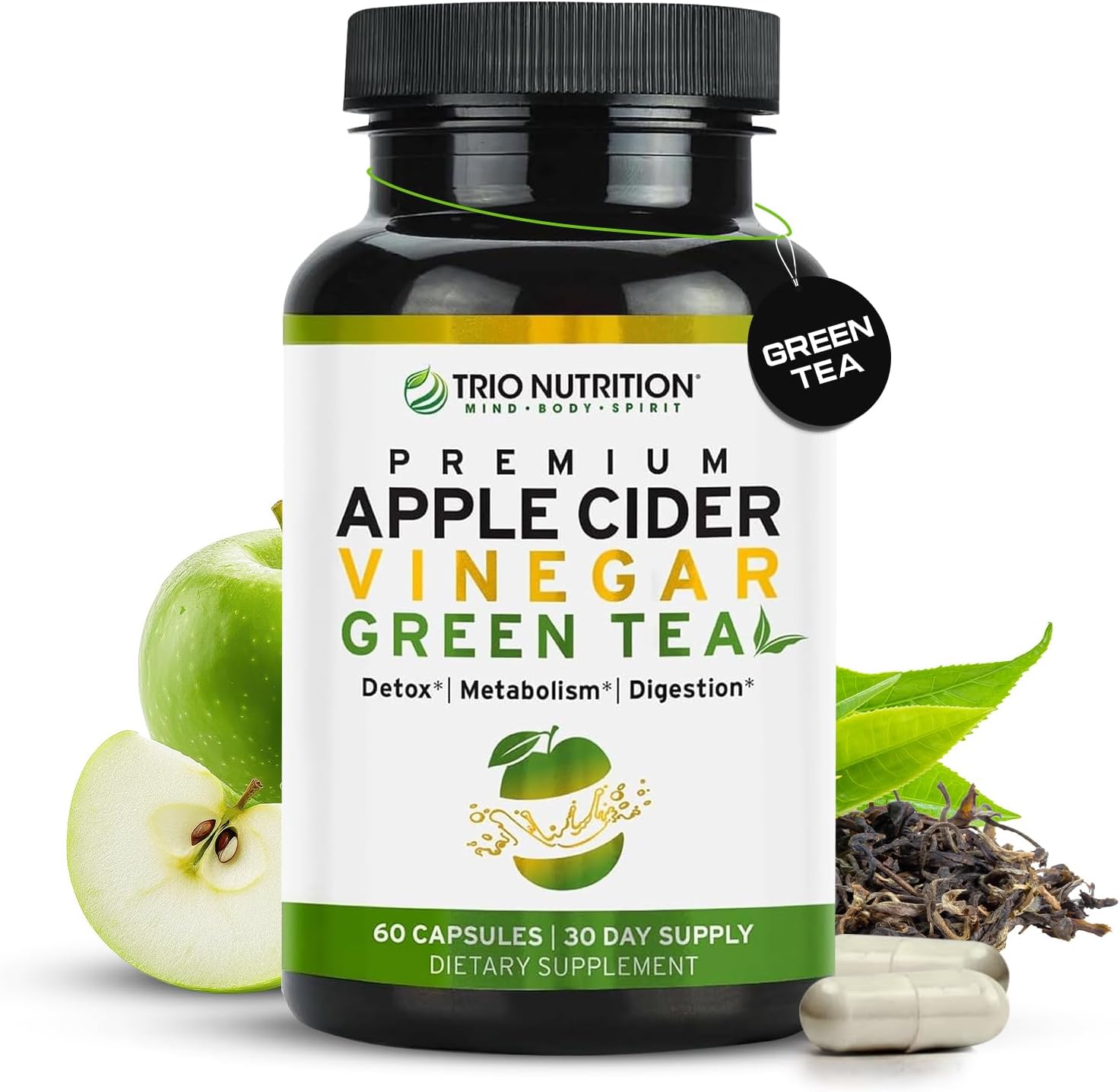 TRIO NUTRITION Apple Cider Vinegar Capsules with Green Tea – Natural Sugar Free Apple Cider Vinegar Pills with the Mother for Body Cleanse, Immune, Weight Management & Metabolism Booster