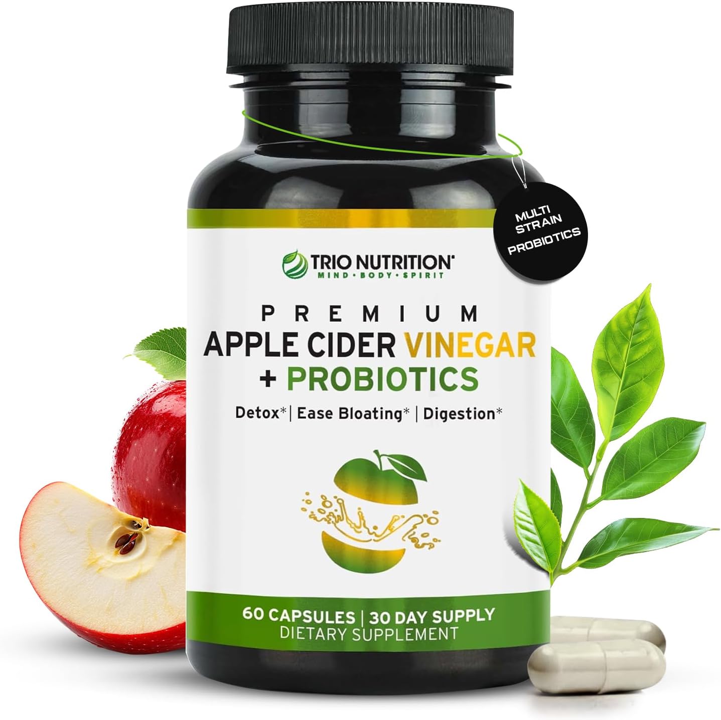 TRIO NUTRITION Apple Cider Vinegar Capsules with Multi-Strain Probiotics – Natural Sugar Free ACV Capsules with The Mother for Gut Health, Immunity, Body Cleanse & Healthy pH – Metabolism Booster