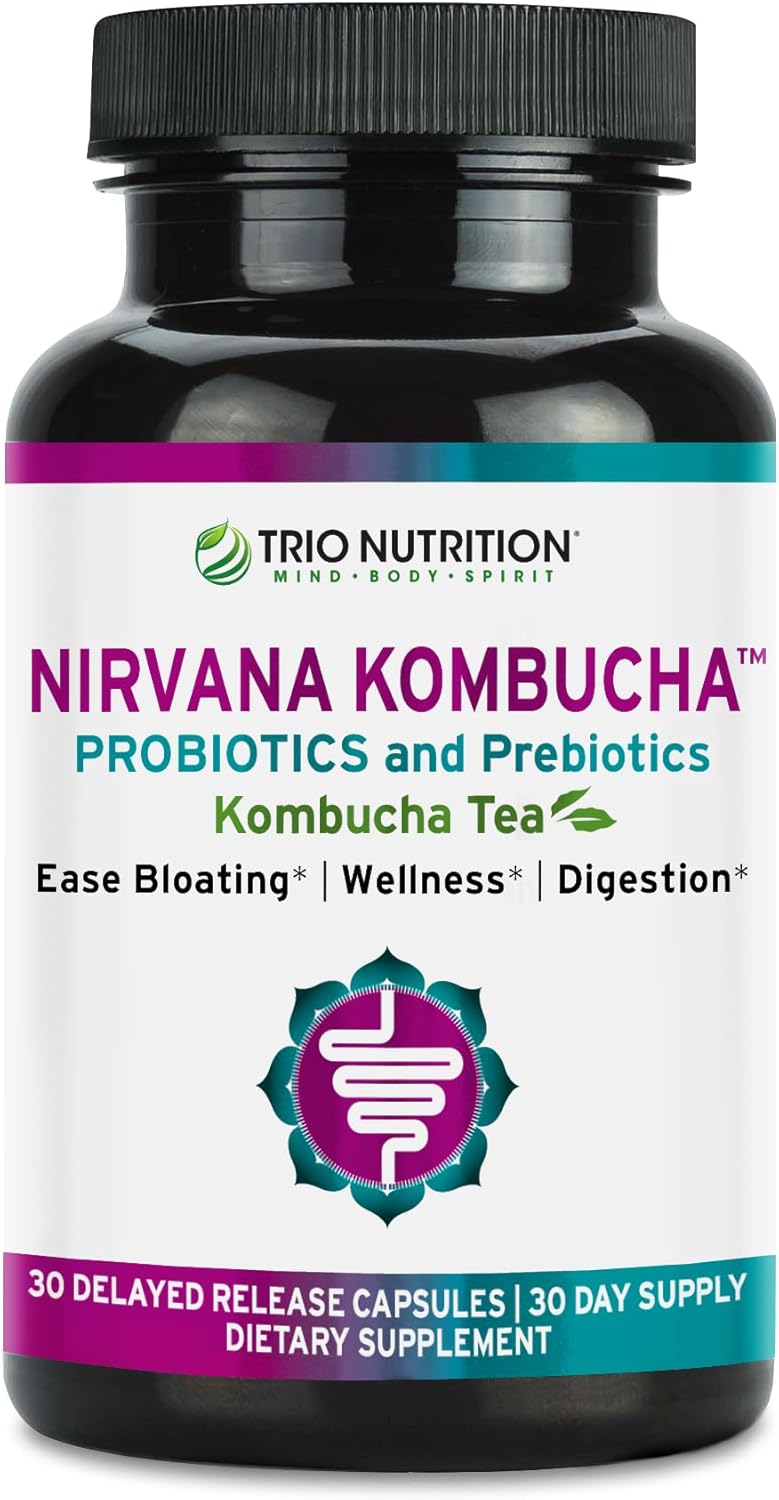 TRIO NUTRITION Nirvana Kombucha – Multi-Strain Probiotics & Prebiotic Blend with Kombucha Tea – Delayed-Release Capsules for Digestive & Immune Health – Bloating Relief – Natural pH Balance