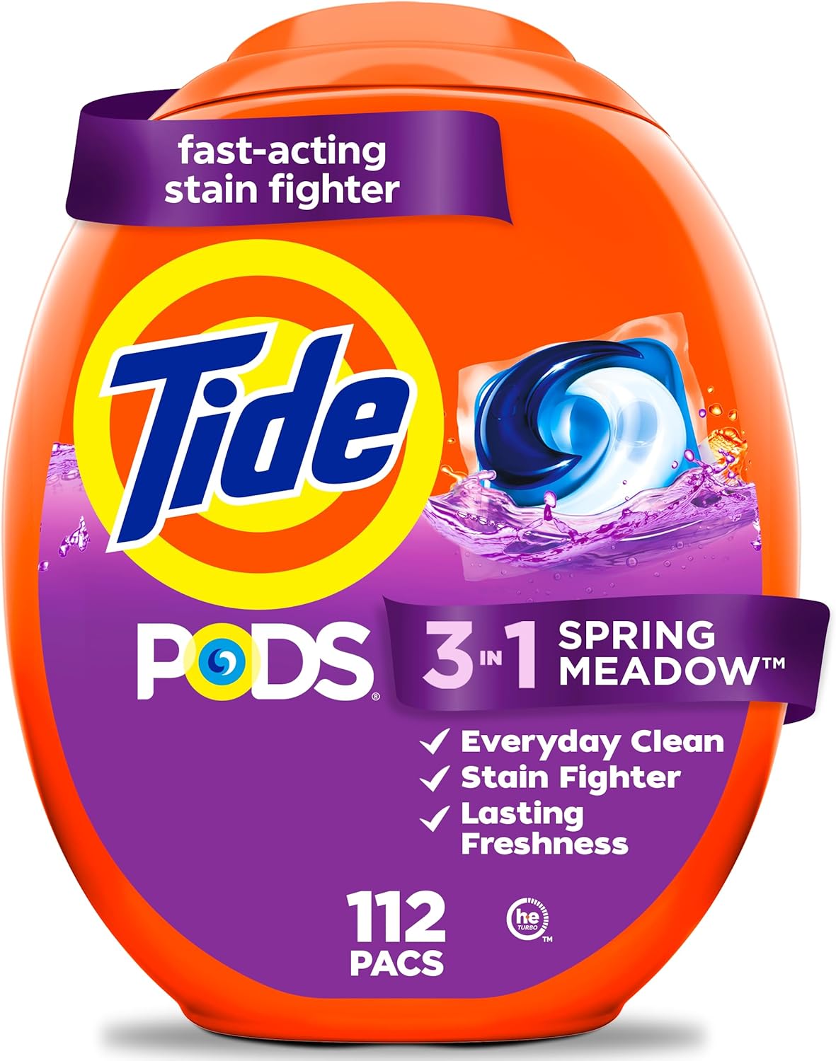Tide PODS laundry detergent pacs, 3-in-1 Stain Remover, Odor Fighter, Color Protector, 112 Count, HE compatible, Spring Meadow Scent
