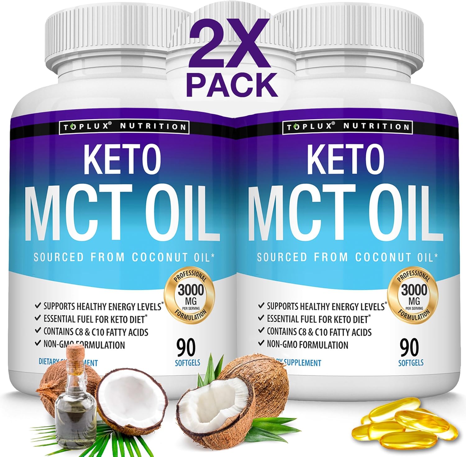 Toplux Keto MCT Oil Capsules – 3000mg Natural Pure Coconut Oil Extract Pills, Source of Energy, Easy to Digest for Men Women, 90 Softgels, Supplement