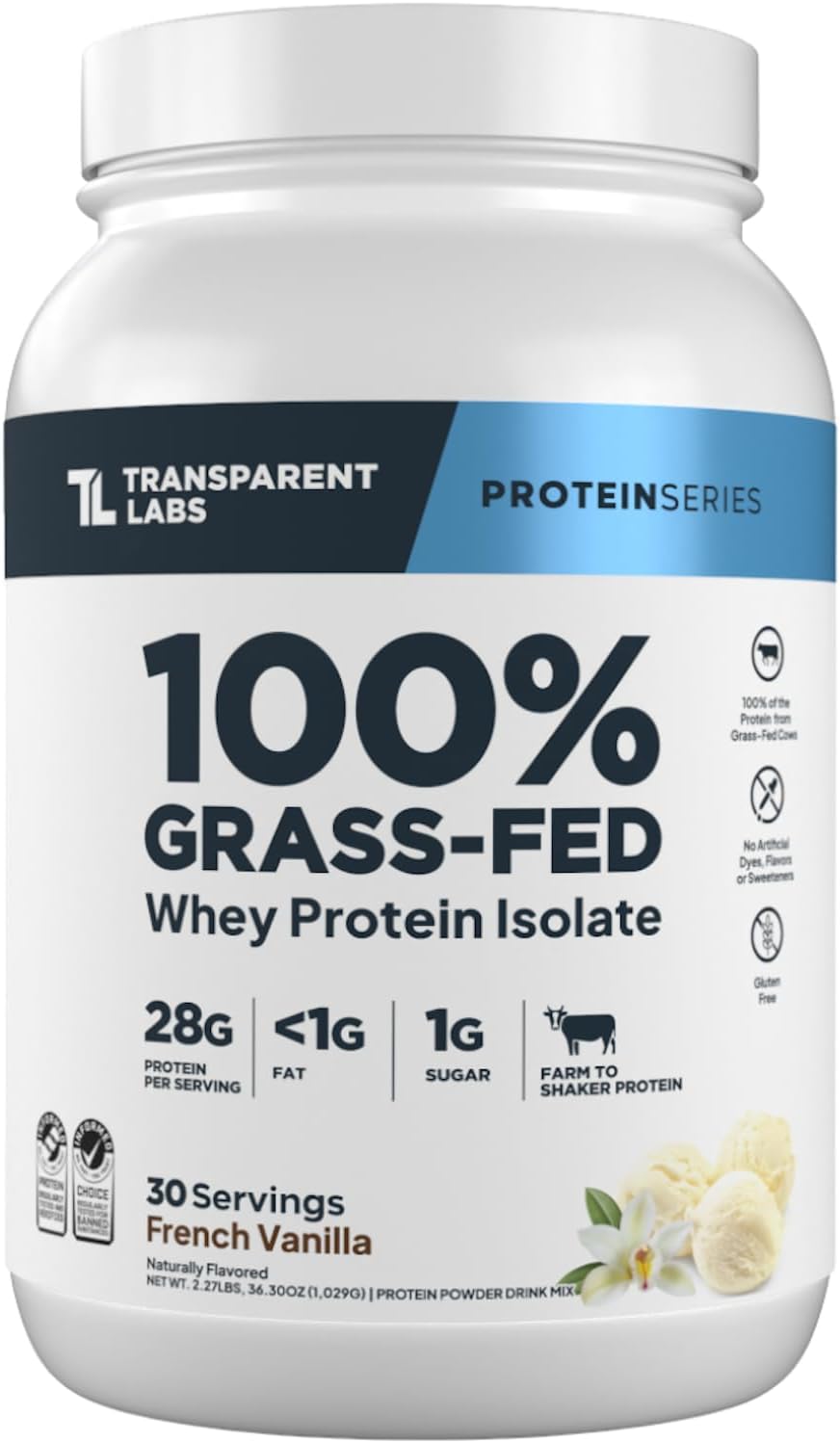 Transparent Labs Grass-Fed Whey Protein Isolate – Naturally Flavored, Gluten Free Whey Protein Powder with 28g of Protein per Serving & 9 Amino Acids – 30 Servings, French Vanilla