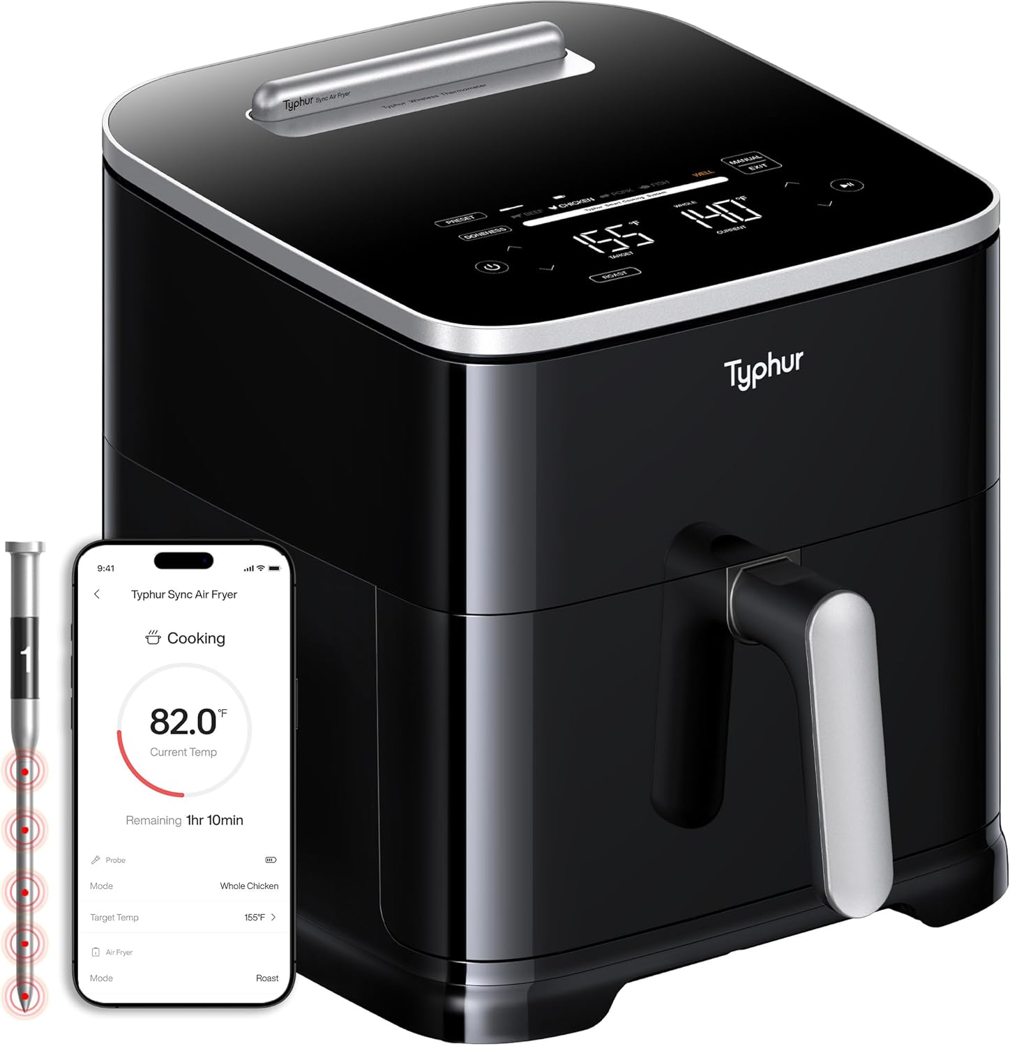 Typhur Sync 8QT AI Smart Air Fryer with Built-in Wireless Meat Thermometer, 9-in-1 XL Non Toxic Ceramic Airfryer, 450°F Max, Cooks 6lb Whole Chicken, Quiet & Dishwasher Safe, 120V
