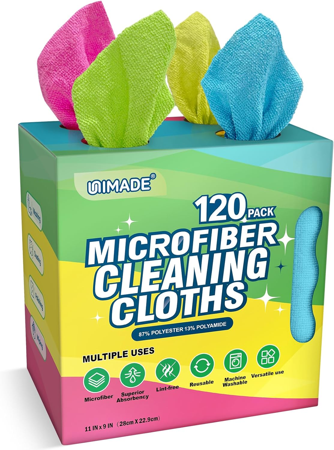 UNIMADE Microfiber Cleaning Cloth, 120 Pack Reusable Paper Towels Microfiber Towels for Cars Lint Free Washable Tissues Shop Rags with Dispenser Box for Home Kitchen Automotive, 11″x 9″, Multicolor