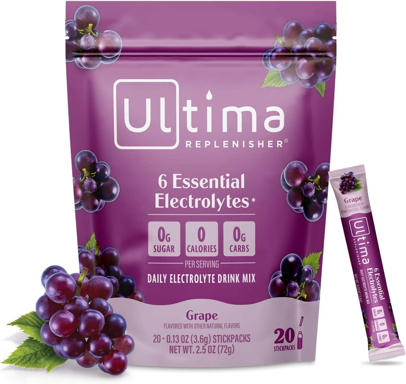 Ultima Replenisher Daily Electrolyte Powder – Grape, 20 Stickpacks – Zero Sugar Hydration Packets with 6 Electrolytes and Minerals – Sugar Free, Plant Based & Keto Friendly Drink Mix
