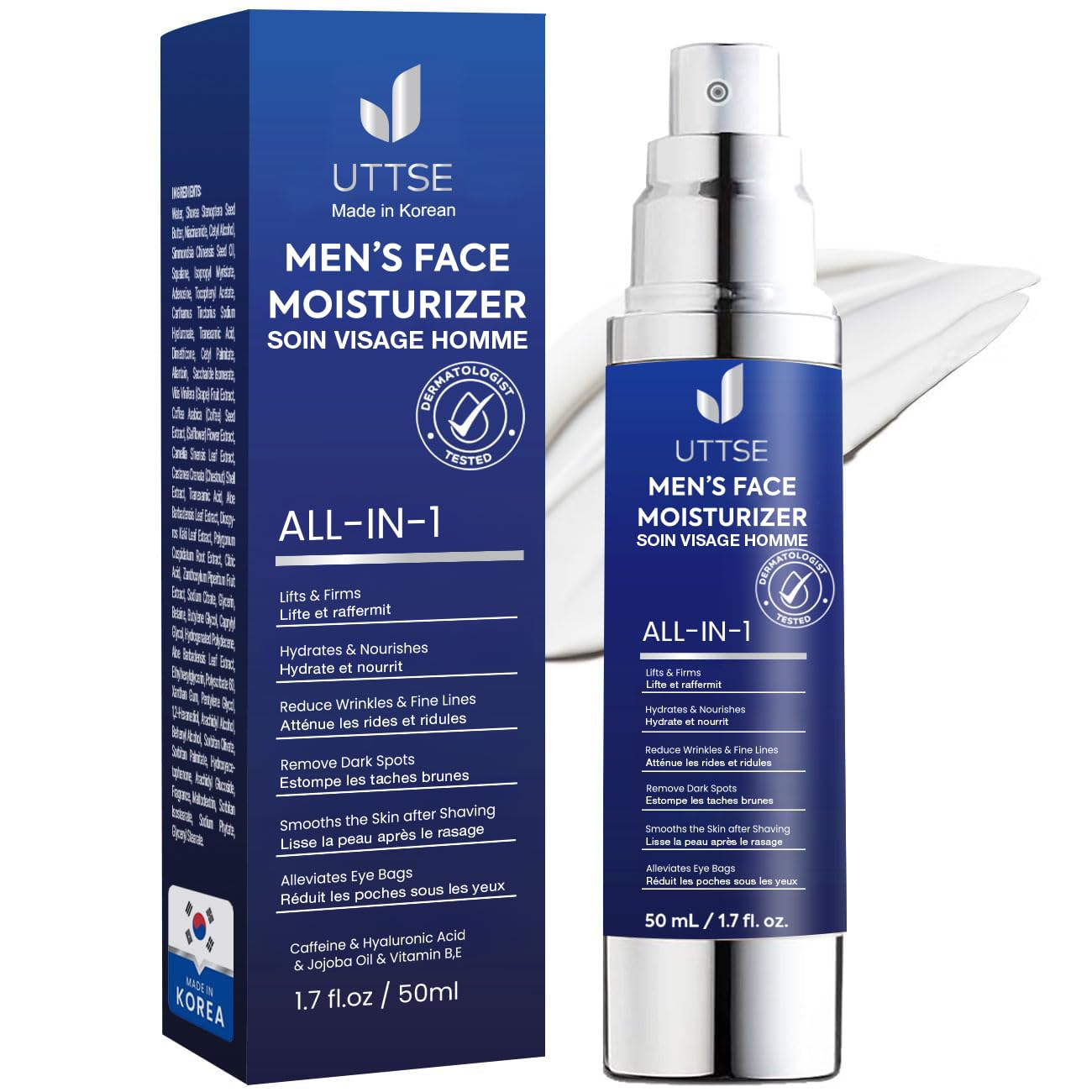 Uttse 6-in-1 Mens Face Moisturizer: Face Cream for Men – Reduce the Look of Eye Bags, Dark Circles, and Puffiness – Skin Care for Men – 1.7 fl oz – Made in Korea