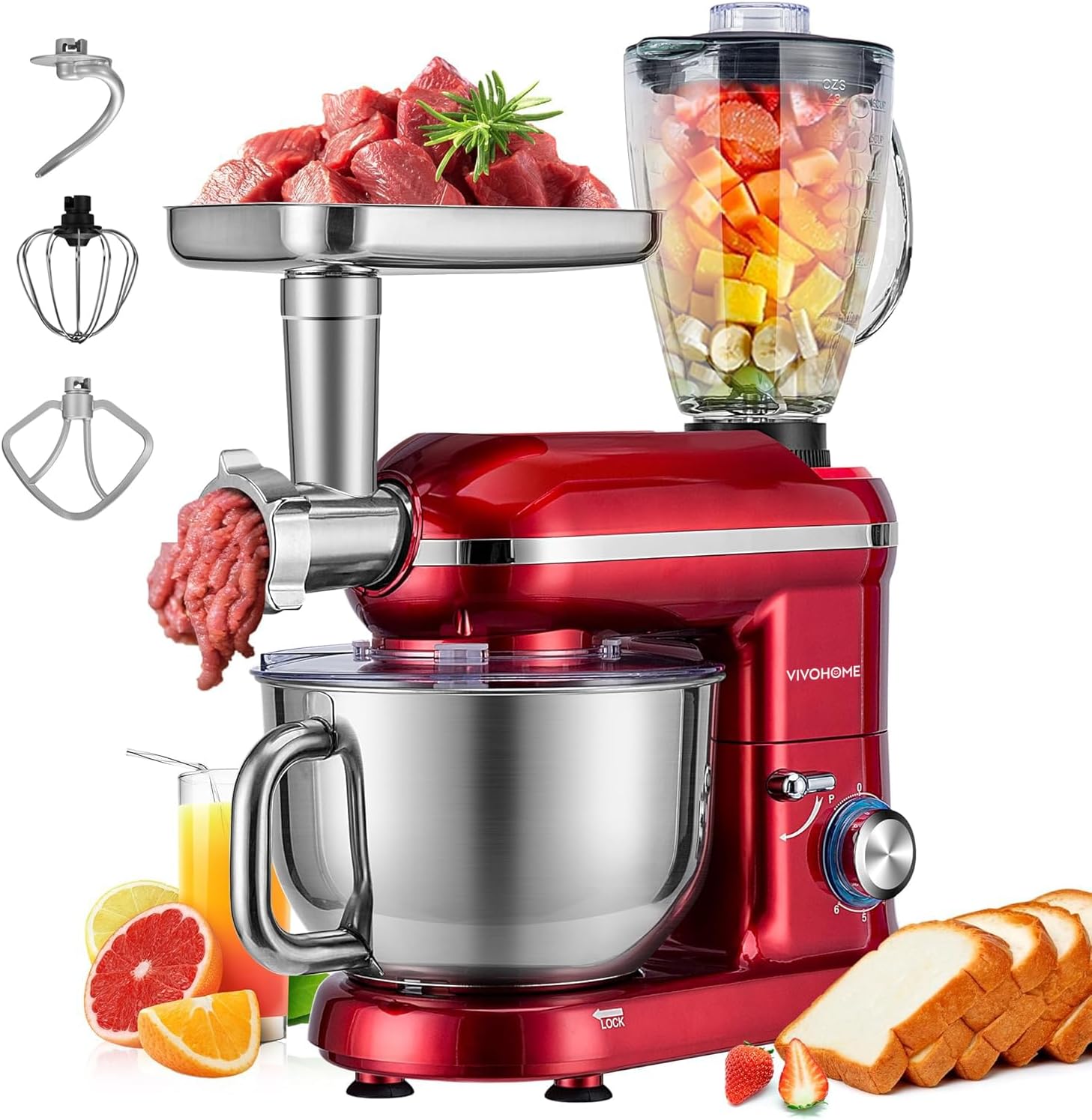 VIVOHOME 3-in-1 Stand Mixer, 6 Quart Electric Tilt-Head Kitchen Mixer with Bowl, Multifunctional Food Mixer with Meat Grinder and Blender Attachments, Dough Hook, Beater, and Whisk, Red