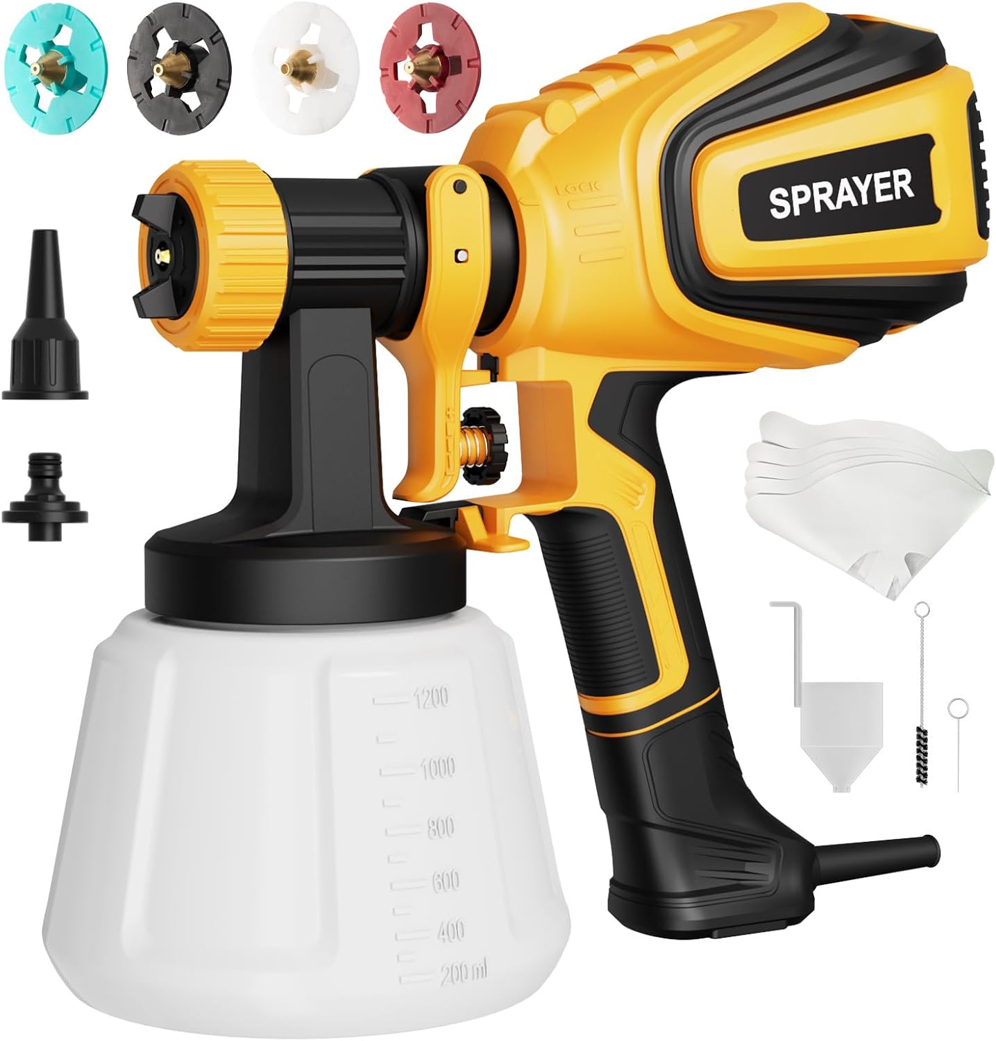 VONFORN Paint Sprayer, 700W HVLP Spray Gun with Cleaning & Blowing Joints, 4 Nozzles and 3 Patterns, Easy to Clean, for Furniture, Cabinets, Fence, Walls, Door, Garden Chairs etc. VF803 Yellow