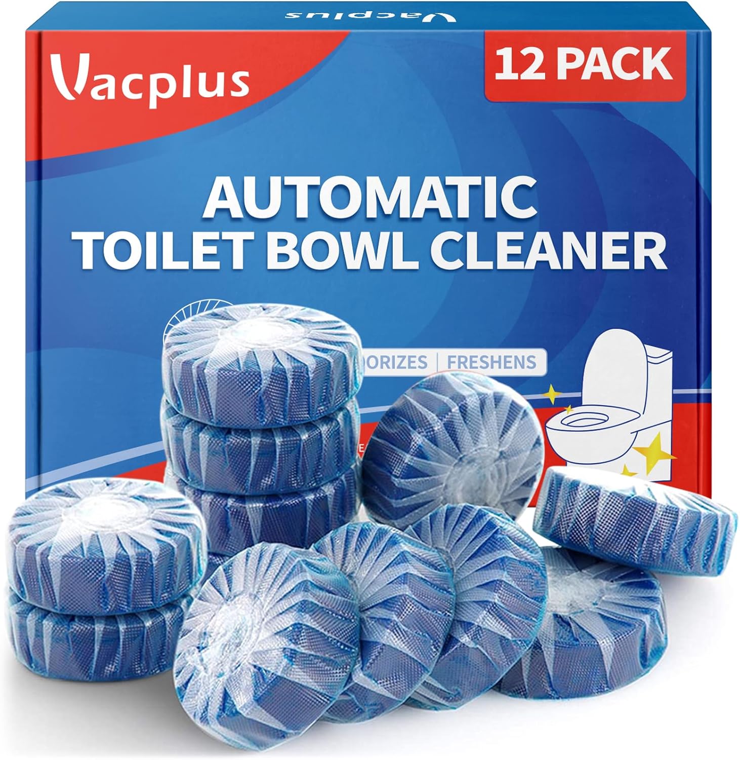 Vacplus Automatic Toilet Bowl Cleaner Tablets, Drop-In Tank Cleaner for Bathroom, Prevent Stains & Deodorize, Long-Lasting Cleaning Tabs, Easy-Use Freshener for Bowl & Tank, 12 Pack