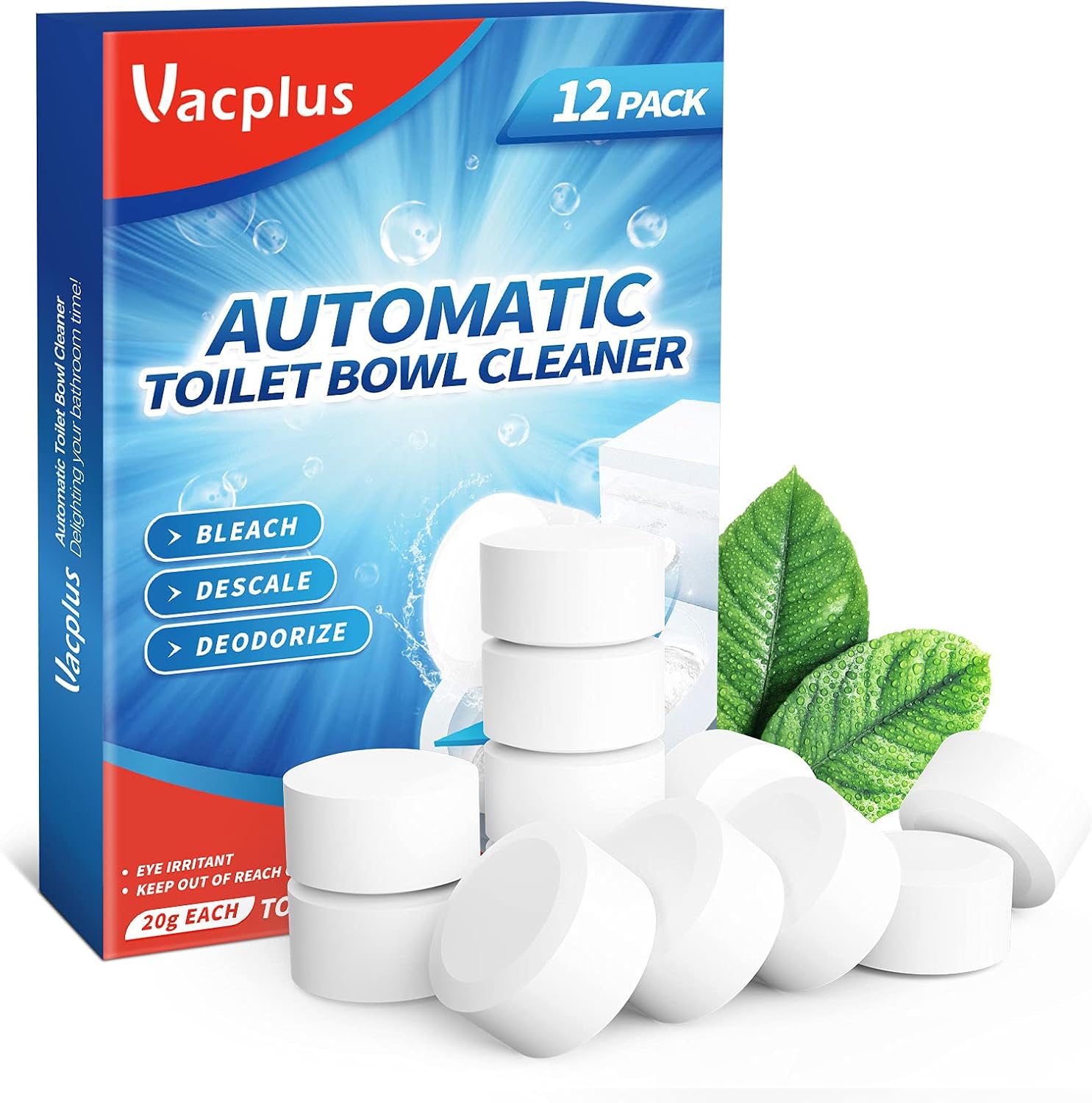 Vacplus Toilet Bowl Cleaner Tablets 12 PACK, Automatic Toilet Bowl Cleaners with Bleach for Deodorizing and Descaling, Bathroom Cleaner Against Tough Stains