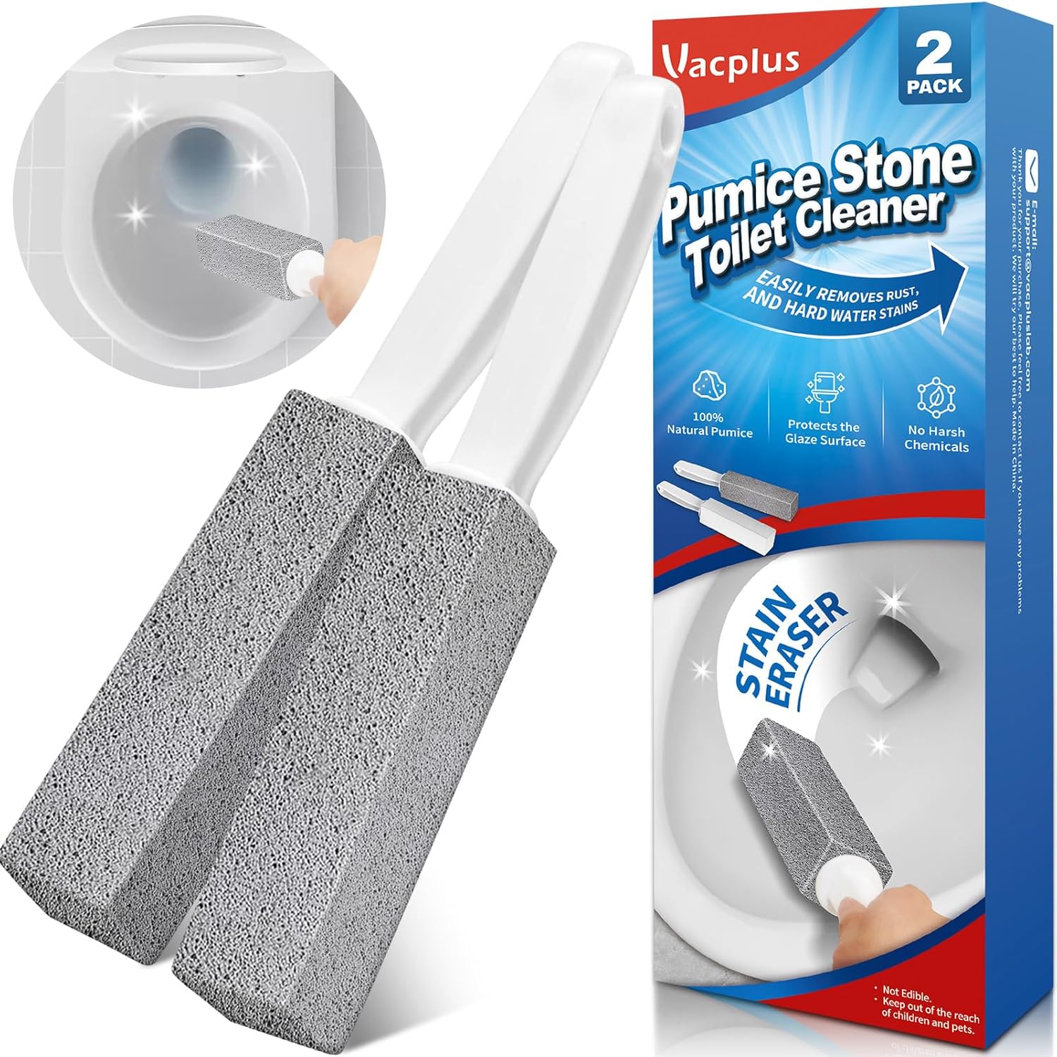 Vacplus Toilet Brush – Toilet Bowl Cleaners with Extra Long Handle, 100% Pumice Stone for Toilet Cleaning, Remove Limescale, Rust, Cleaning Supplies for Toilet, Pool, Bathroom, Sink, 2 Pack
