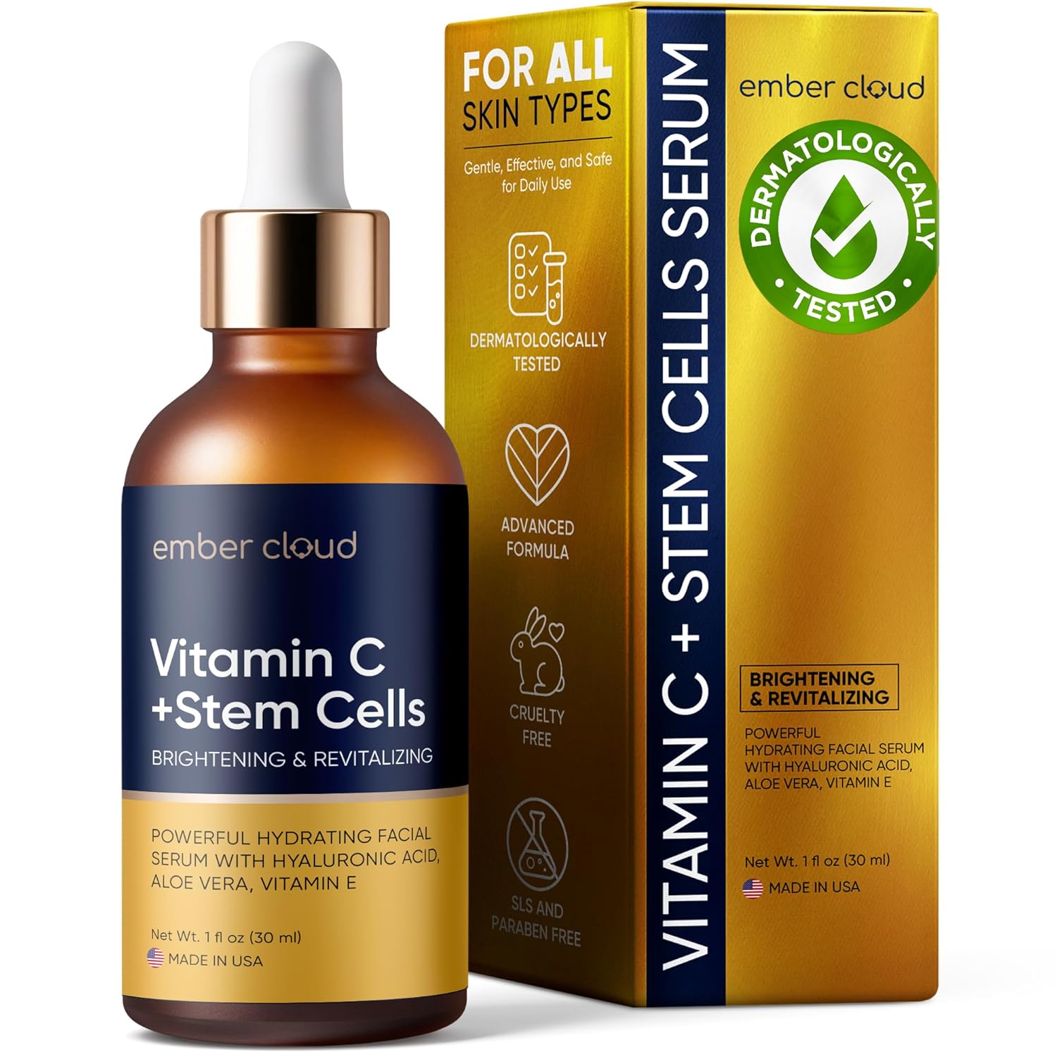 Vitamin C Serum for Face with Stem Cells Hyaluronic Acid Vitamin E Aloe Vera For All Skin Types Anti-Aging Face Seru Supports Skin Health & Even Tone Day and Night Made in USA 1 Oz