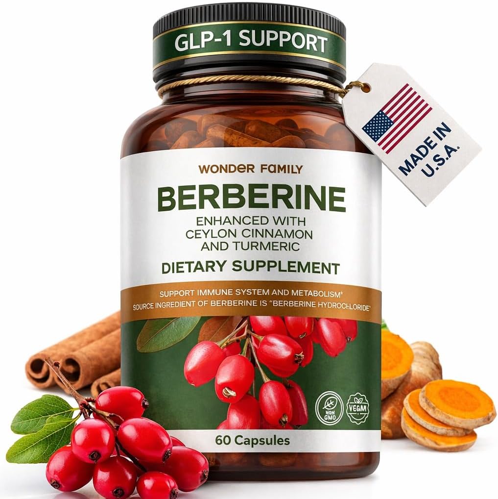 WONDER FAMILY Berberine 500 mg GLP-1 Weight Loss Supplement – Berberine HCl with Ceylon Cinnamon, Probiotics, Vitamin D3 & K2 – Glucose Metabolism & Appetite Support – 1 Pack – 60 Capsules