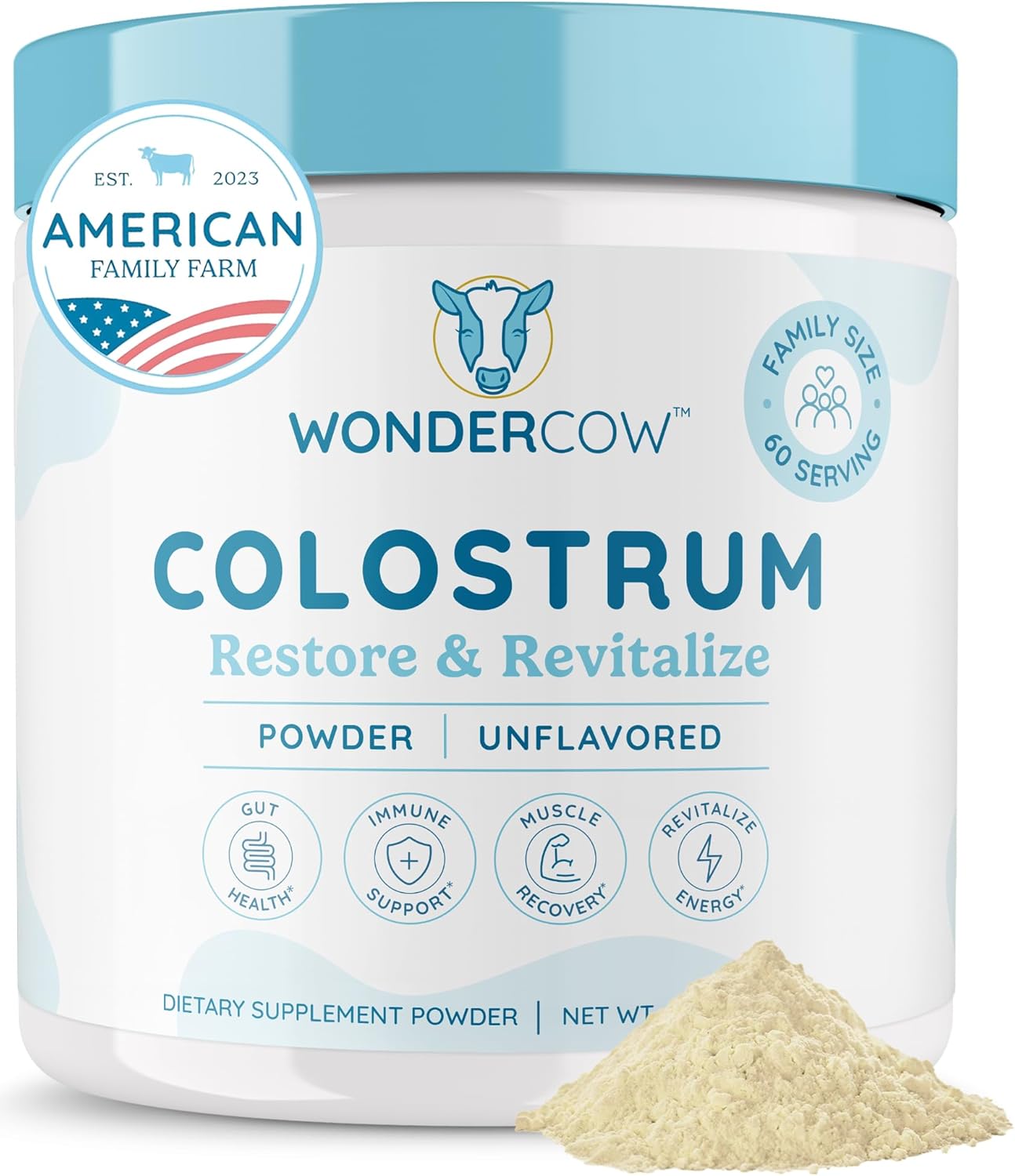 WONDERCOW Colostrum Supplement Powder for Gut Health, Immune Support & Wellness | Natural IgG Pure Whole Bovine Colostrum Superfood, Unflavored, 60 Servings