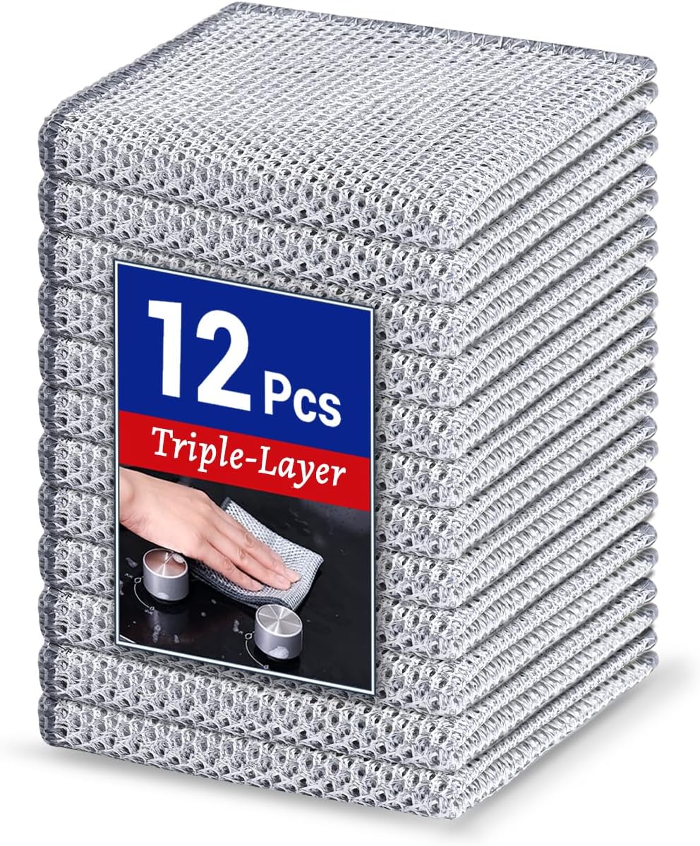 Wangjinpeng12 Pcs New Upgrade 3-Layer Metal Dish Cloths, Non-Scratch Odor-Free Multipurpose Wire Dishwashing Rags for Wet Dry Use, Kitchen Cleaning Cloths for Dishes, Sinks & Stove Tops(7.87X7.87)