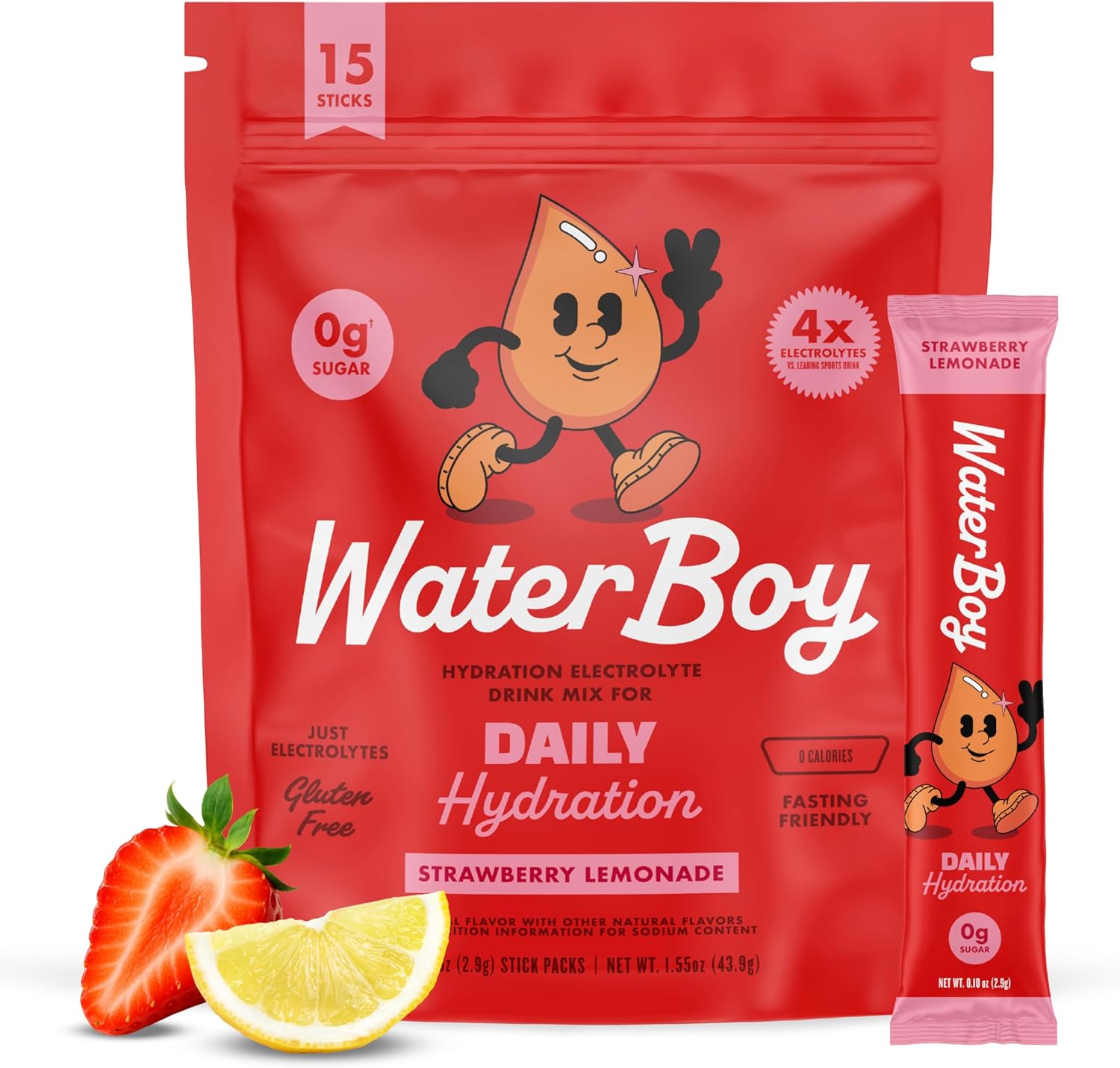 Waterboy Daily Hydration | 1,570mg Electrolyte Powder Packets | No Sugar, All Natural, Gluten Free, Zero Calories | 15 Drink Stick Mixes (Strawberry Lemonade)