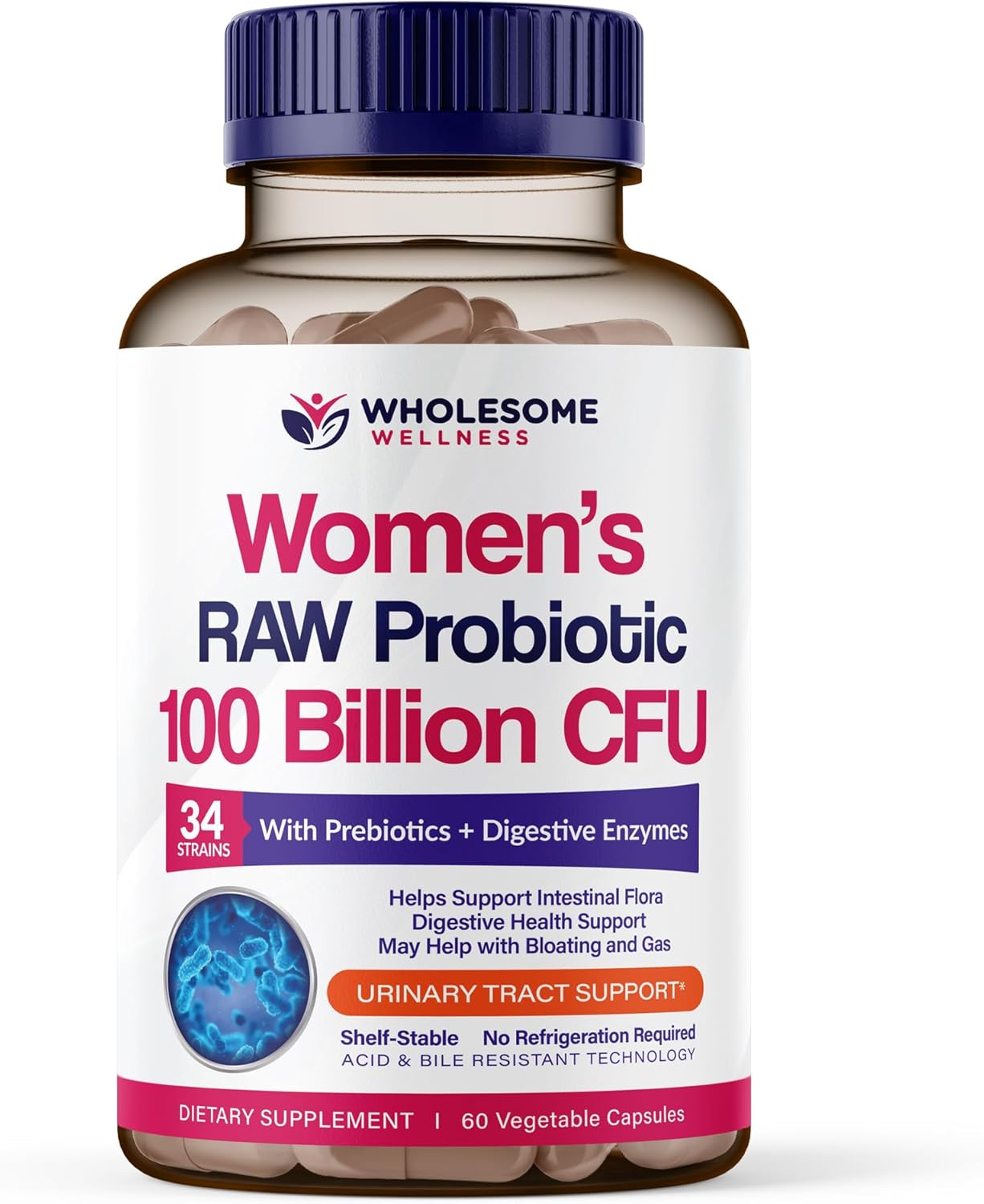 Wholesome Wellness Dr. Formulated Raw Probiotics for Women 100 Billion CFUs Capsules with Prebiotics, Digestive Enzymes, Approved for Adults, Shelf Stable Supplement