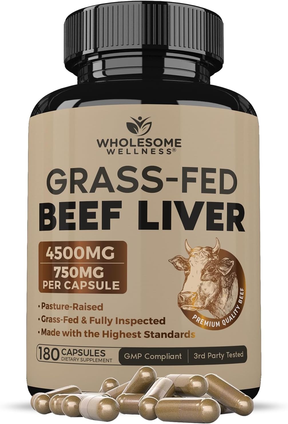 Wholesome Wellness Grass Fed Desiccated Beef Liver Capsules (180 Pills, 750mg Each) – Natural Iron, Vitamin A, B12 for Energy – Raised Undefatted in New Zealand Without Hormones or Chemicals