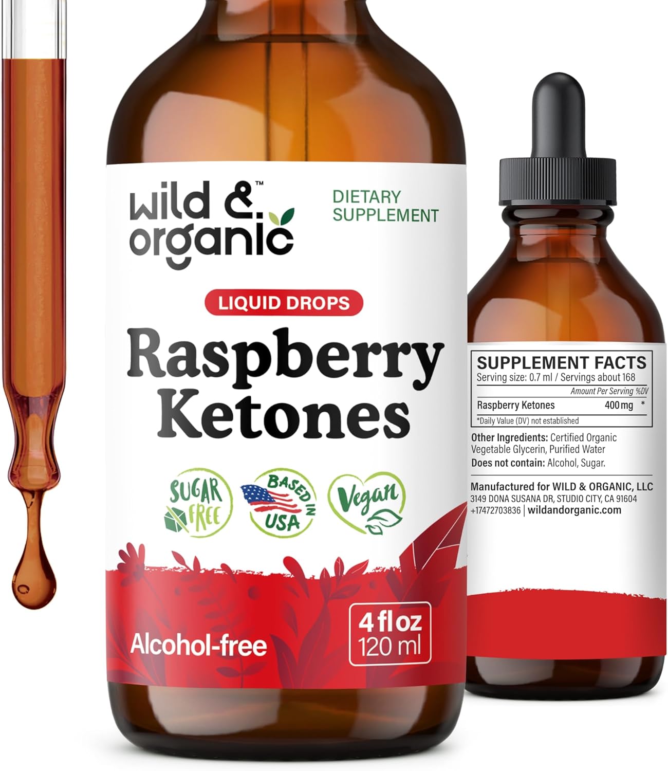 Wild & Organic Raspberry Ketones Liquid Drops – Vegan Raspberry Ketones Supplement for Overall Well-Being – 5-Month Supply – Non-GMO, No Alcohol & Sugar – 4 fl oz