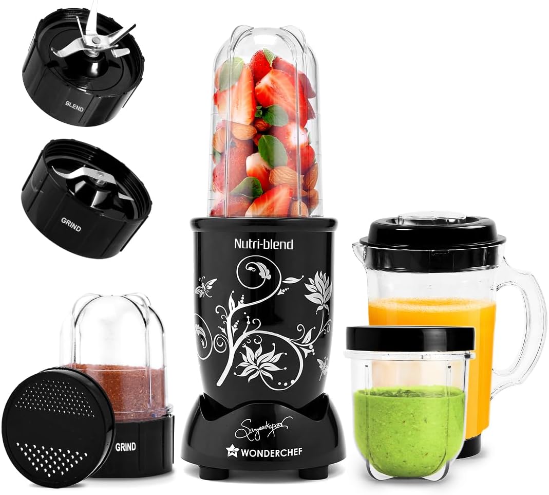 Wonderchef Nutri-blend Juicer, Mixer, Grinder, Blender & Smoothie Maker 500W 22000 RPM Full Motor Unbreakable Jars Recipe book by Chef Sanjeev Kapoor 2 Jar, 3 Jar Black